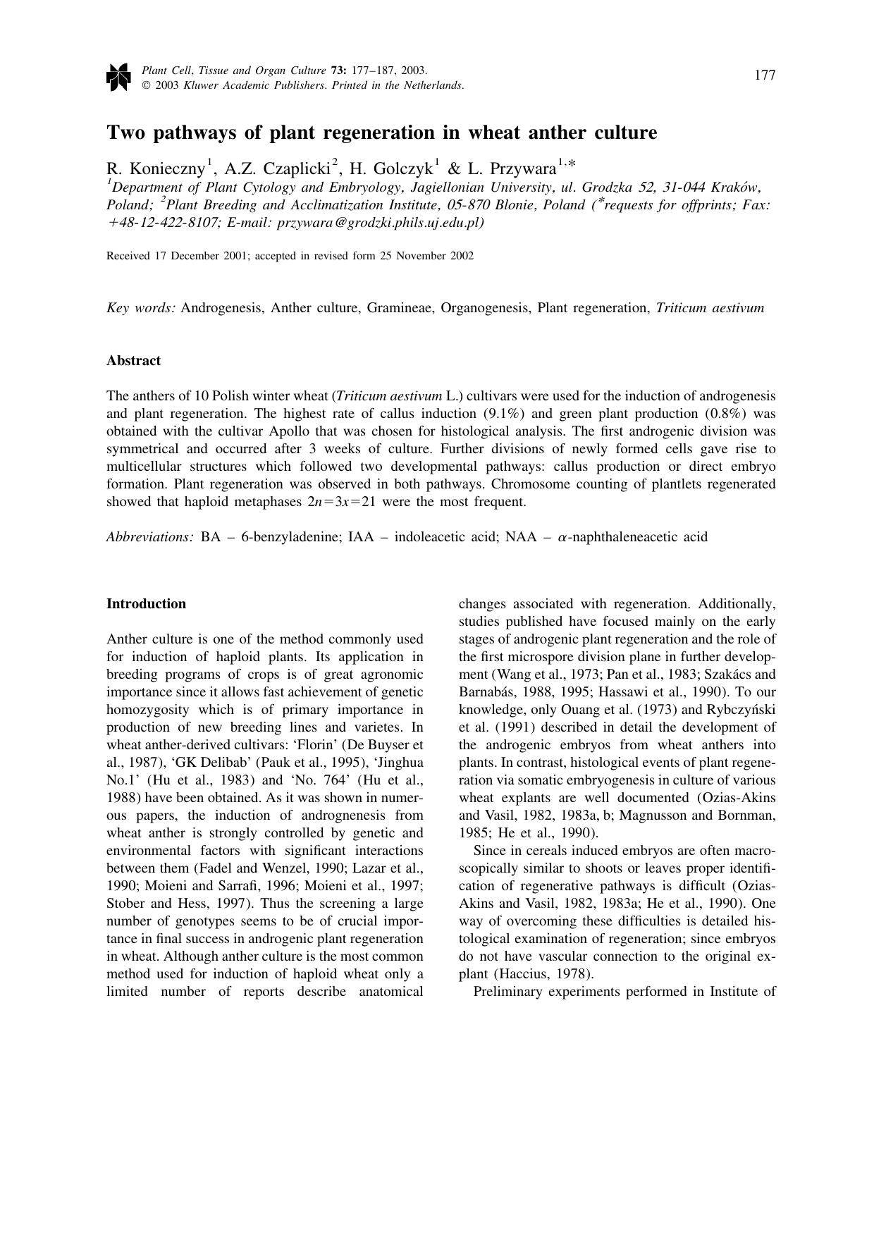 Two pathways of plant regeneration in wheat anther culture by Unknown
