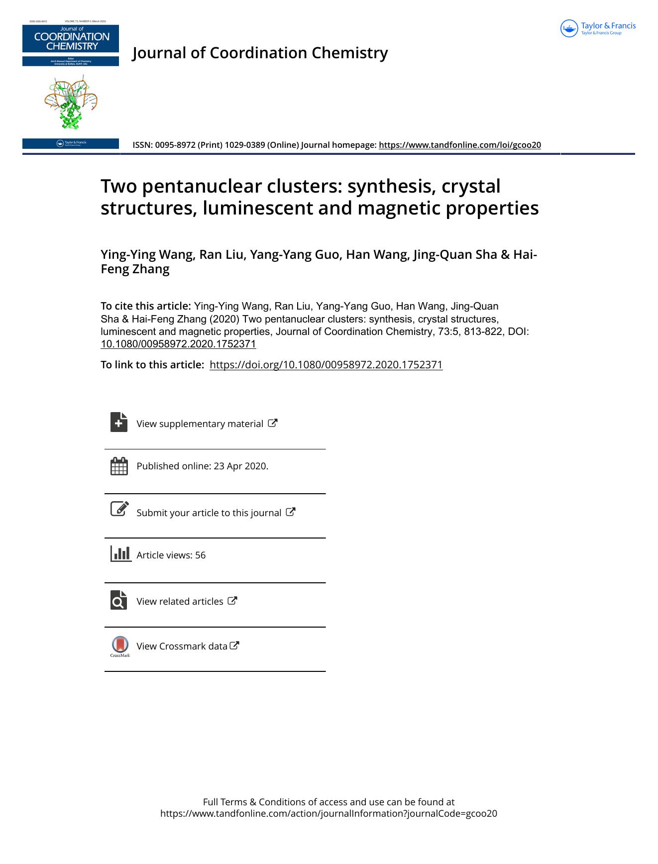 Two pentanuclear clusters: synthesis, crystal structures, luminescent and magnetic properties by Wang Ying-Ying & Liu Ran & Guo Yang-Yang & Wang Han & Sha Jing-Quan & Zhang Hai-Feng