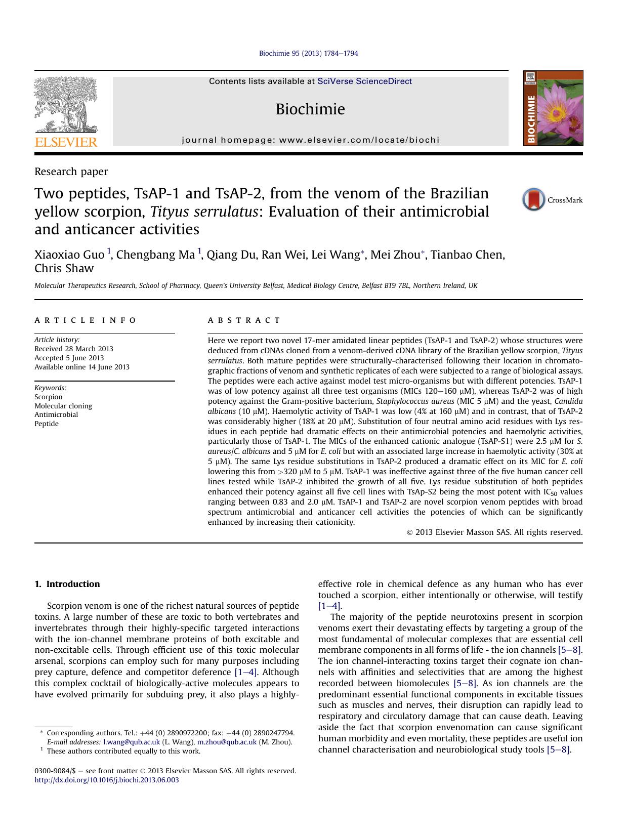 Two peptides, TsAP-1 and TsAP-2, from the venom of the Brazilian yellow scorpion, Tityus serrulatus: Evaluation of their antimicrobial and anticancer activities by Xiaoxiao Guo & Chengbang Ma & Qiang Du & Ran Wei & Lei Wang & Mei Zhou & Tianbao Chen & Chris Shaw