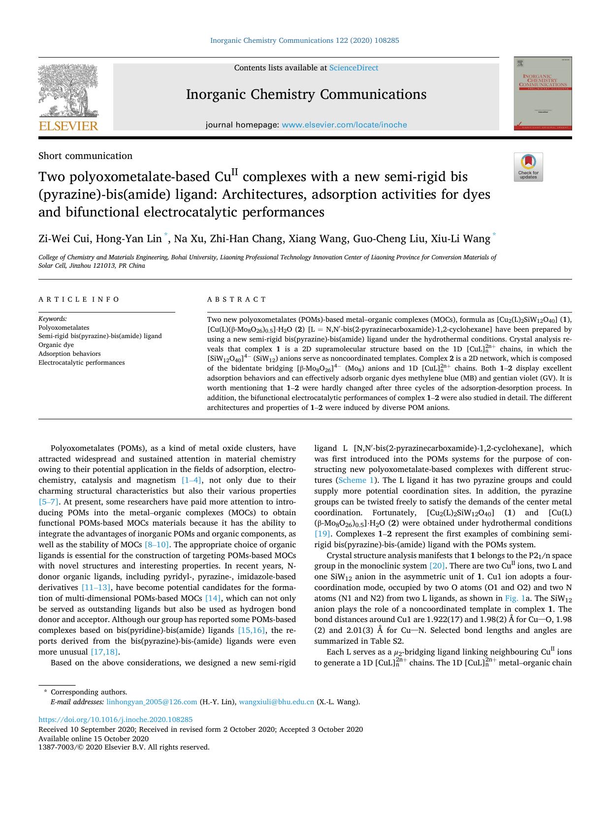 Two polyoxometalate-based CuII complexes with a new semi-rigid bis(pyrazine)-bis(amide) ligand: Architectures, adsorption activities for dyes and bifunctional electrocatalytic performances by Zi-Wei Cui