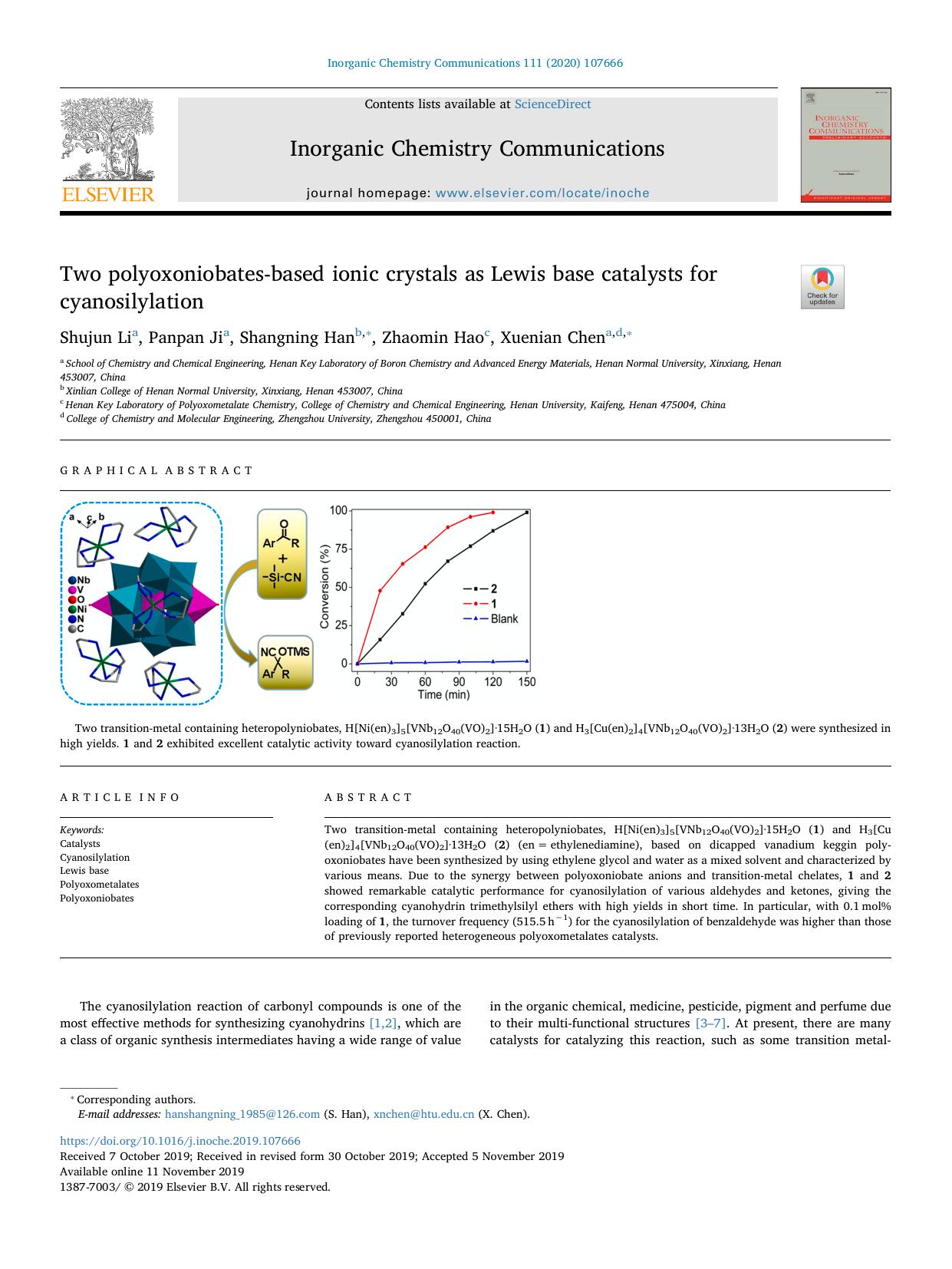 Two polyoxoniobates-based ionic crystals as Lewis base catalysts for cyanosilylation by Shujun Li & Panpan Ji & Shangning Han & Zhaomin Hao & Xuenian Chen