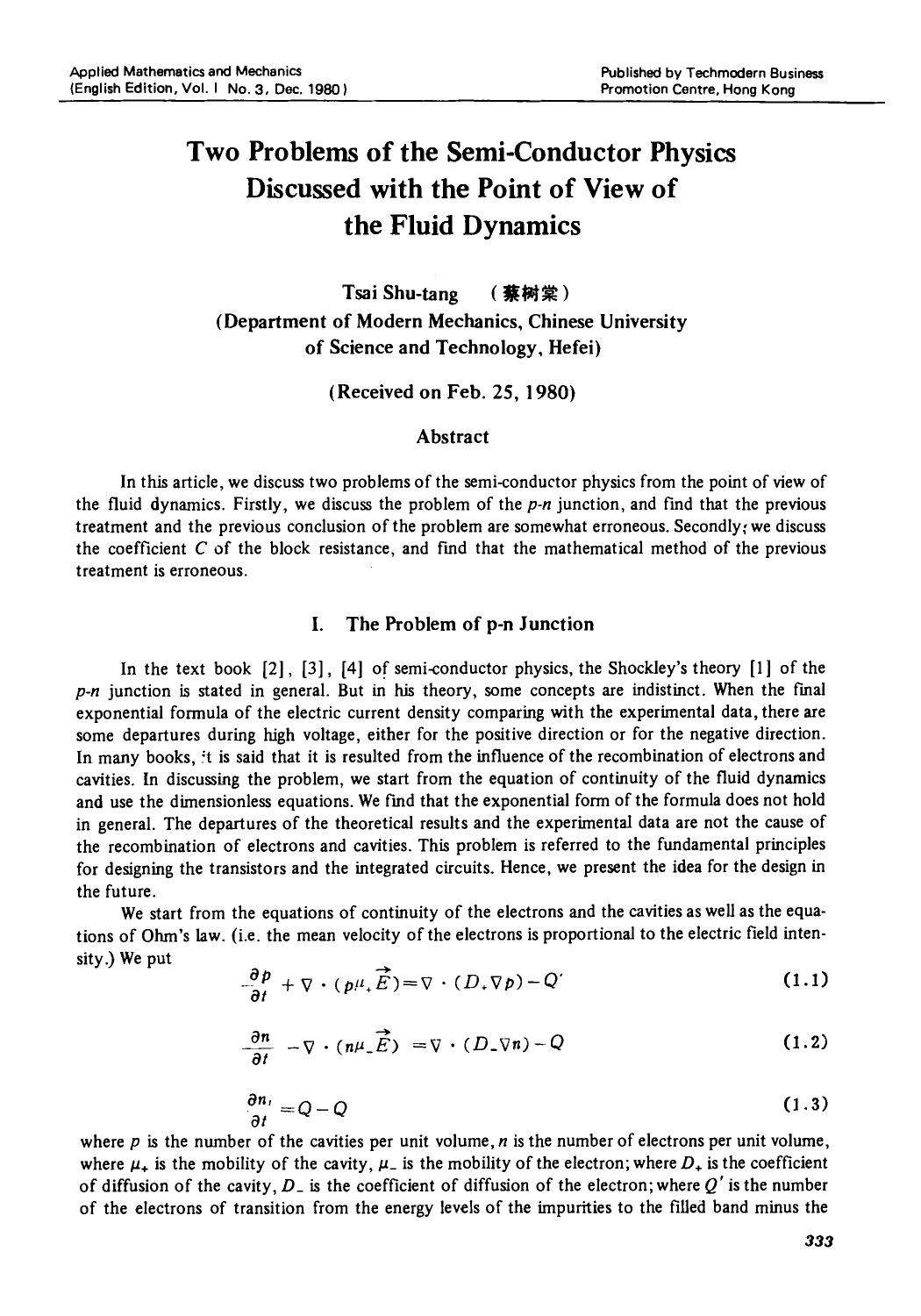 Two problems of the semi-conductor physics discussed with the point of view of the fluid dynamics by Unknown