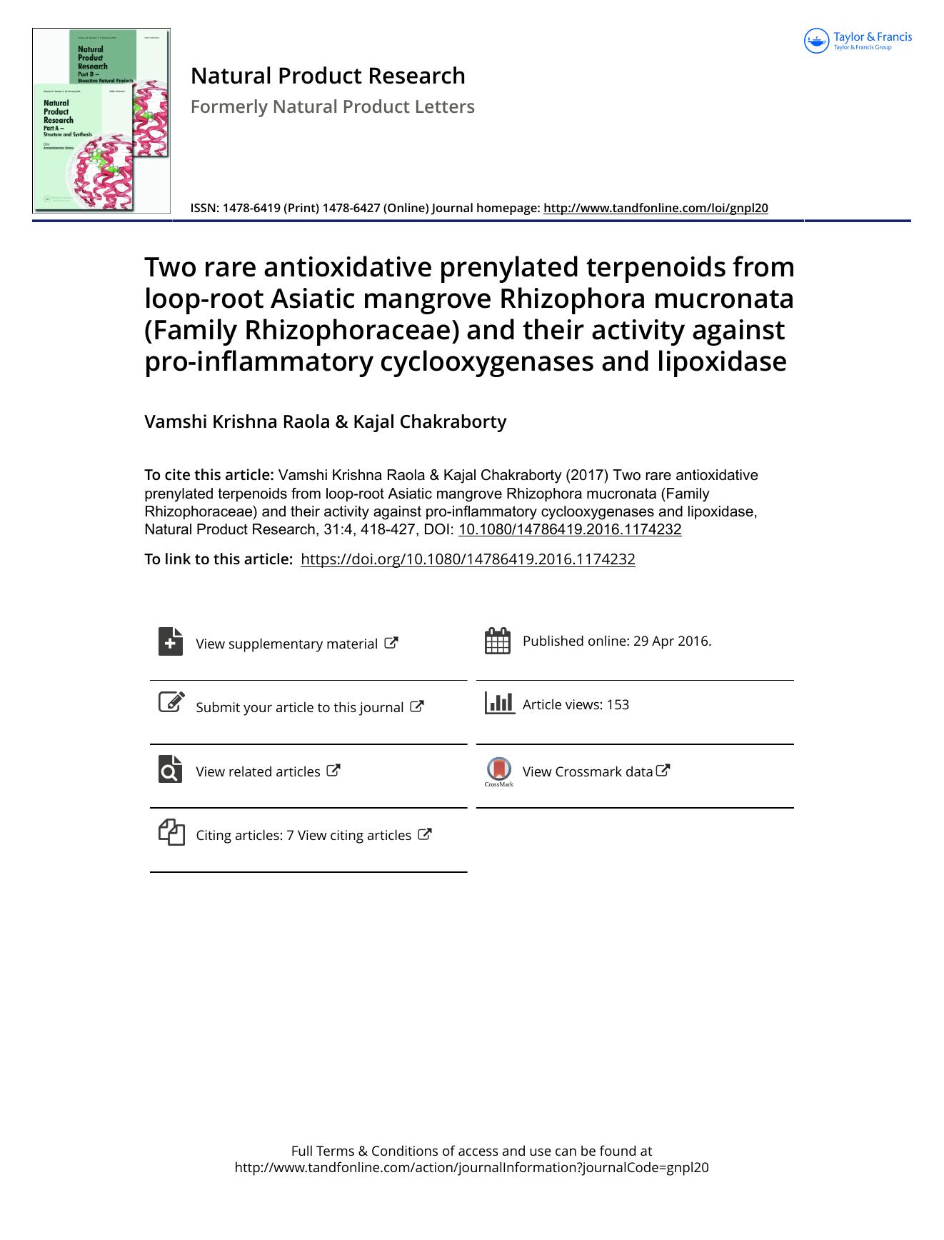 Two rare antioxidative prenylated terpenoids from loop-root Asiatic mangrove Rhizophora mucronata (Family Rhizophoraceae) and their activity against pro-inflammatory cyclooxygenases and lipoxidase by Vamshi Krishna Raola & Kajal Chakraborty
