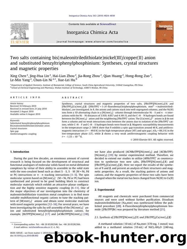 Two salts containing bis(maleonitriledithiolate)nickel(III)copper(II) anion and substituted benzyltriphenylphosphinium: Syntheses, crystal structures and magnetic properties by unknow