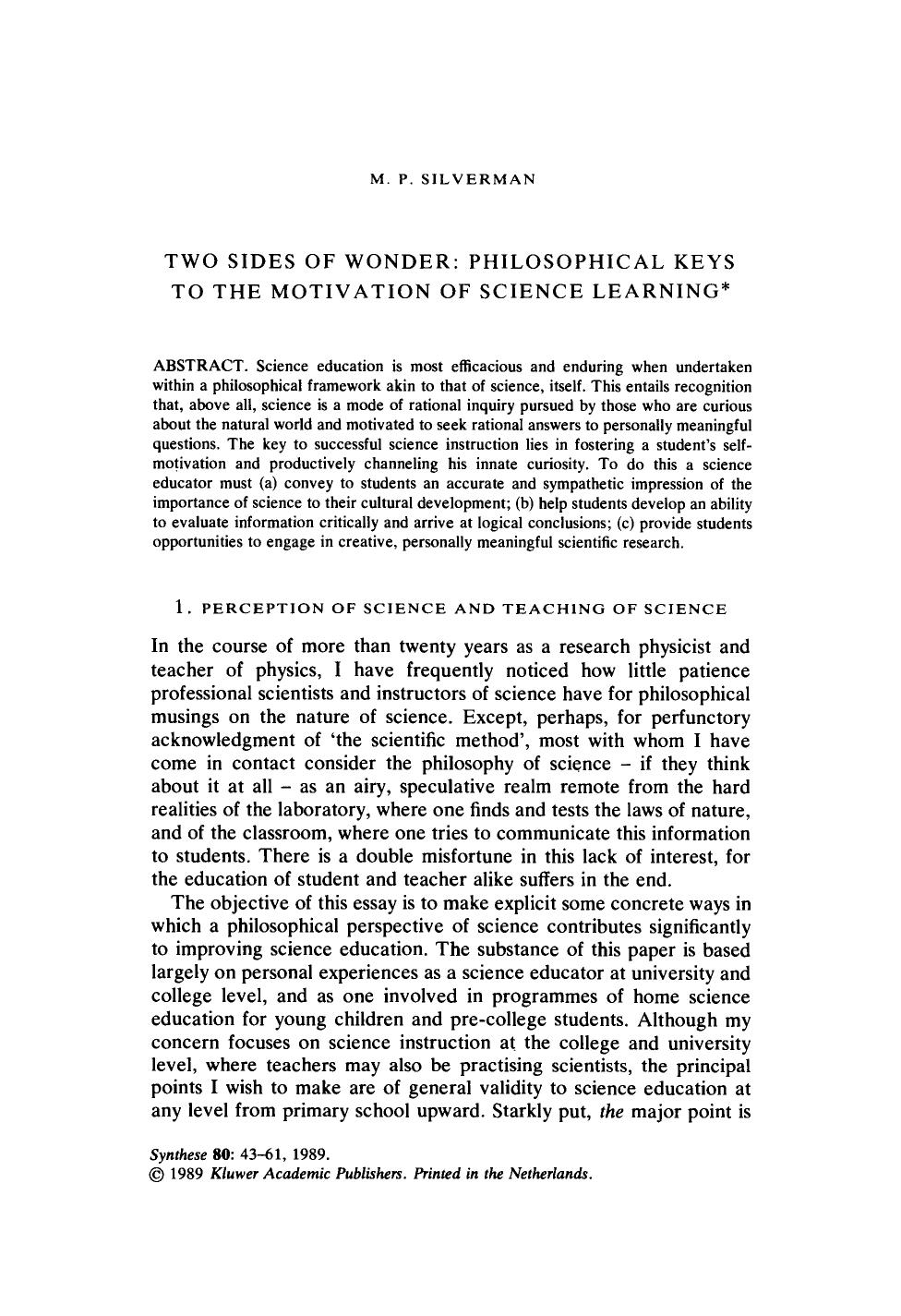 Two sides of wonder: Philosophical keys to the motivation of science learning by Unknown