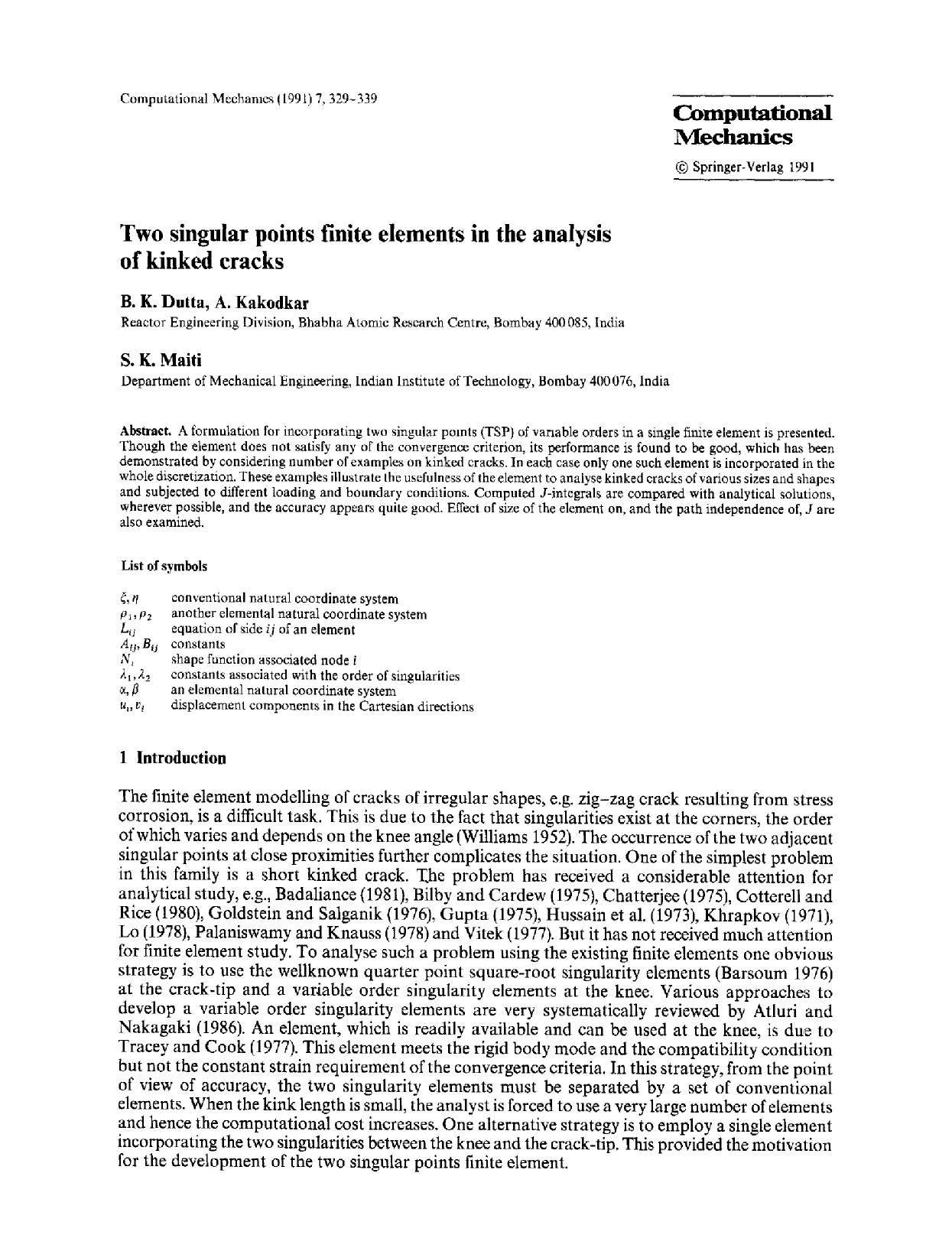 Two singular points finite elements in the analysis of kinked cracks by Unknown