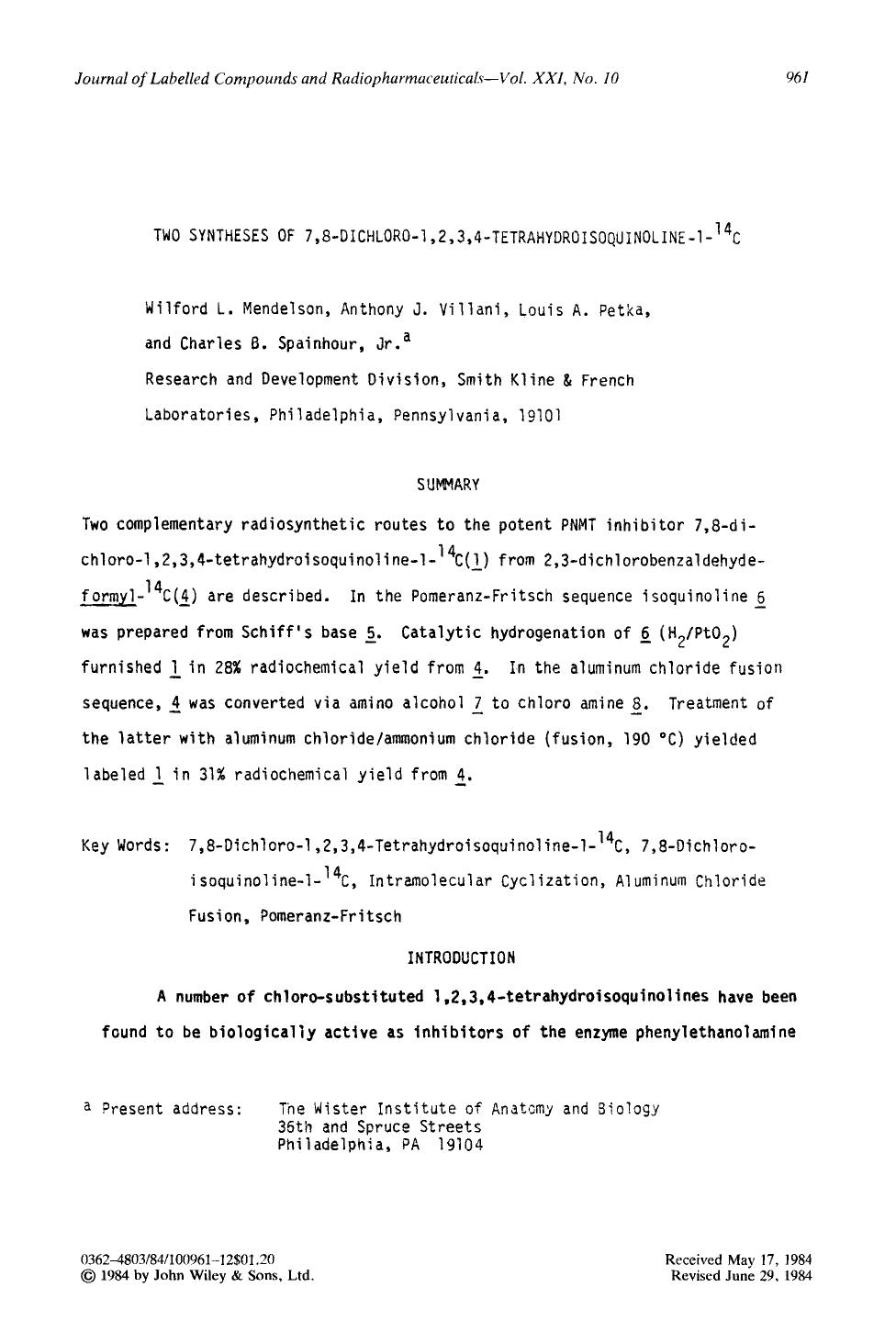 Two syntheses of 7,8-dichloro-1,2,3,4-tetrahydroisoquinoline-1-14C by Unknown