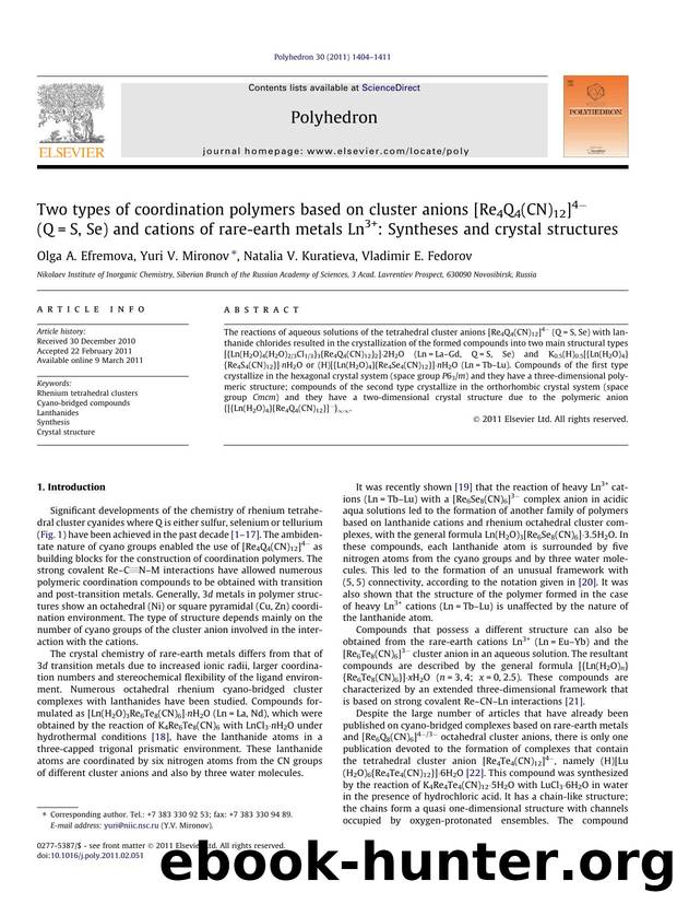 Two types of coordination polymers based on cluster anions [Re4Q4(CN)12]4Ã¢Ëâ (Q=S, Se) and cations of rare-earth metals Ln3+: Syntheses and crystal structures by Olga A. Efremova & Yuri V. Mironov & Natalia V. Kuratieva & Vladimir E. Fedorov