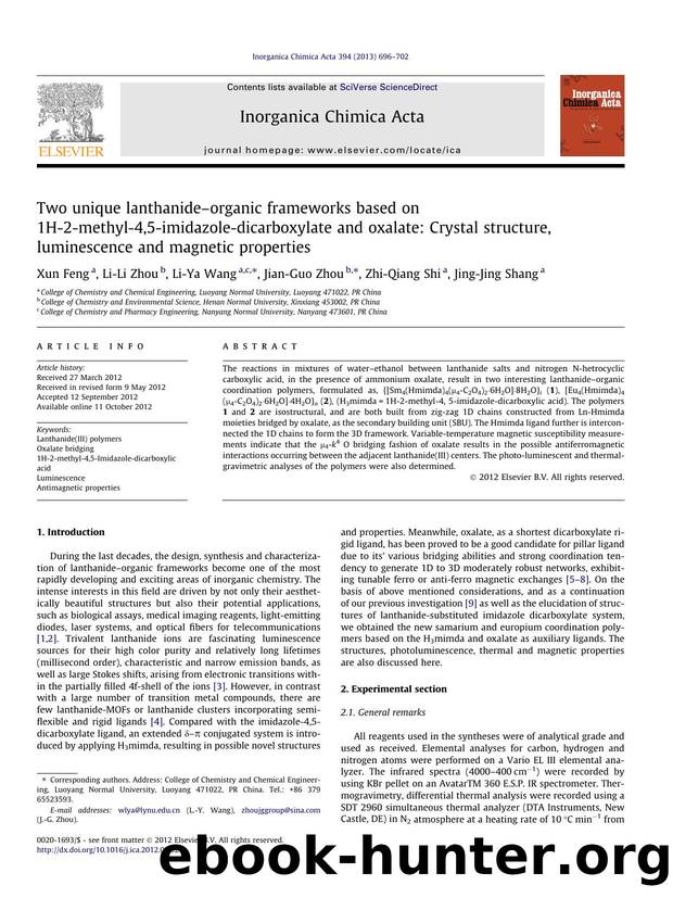 Two unique lanthanideÃ¢â¬âorganic frameworks based on 1H-2-methyl-4,5-imidazole-dicarboxylate and oxalate: Crystal structure, luminescence and magnetic properties by Xun Feng & Li-Li Zhou & Li-Ya Wang & Jian-Guo Zhou & Zhi-Qiang Shi & Jing-Jing Shang