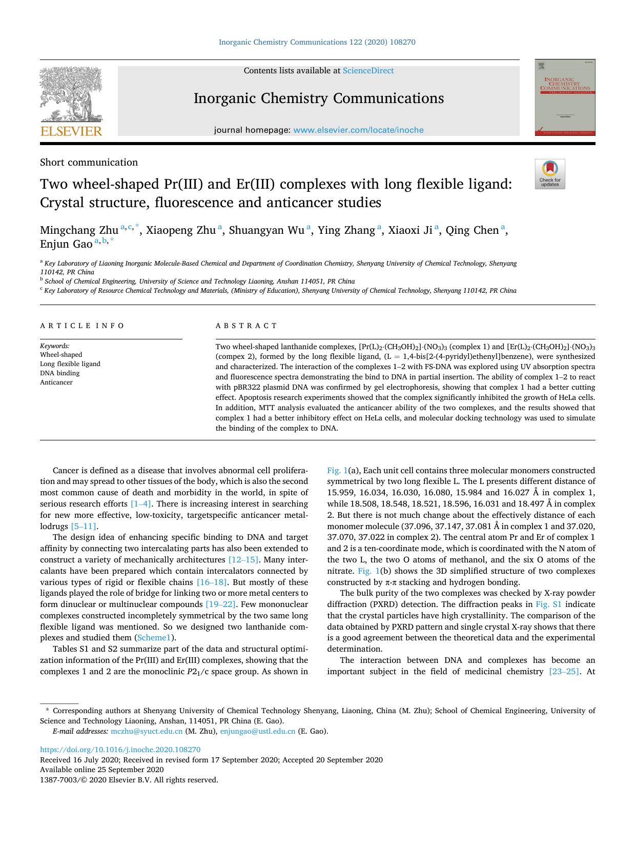 Two wheel-shaped Pr(III) and Er(III) complexes with long flexible ligand: Crystal structure, fluorescence and anticancer studies by Mingchang Zhu