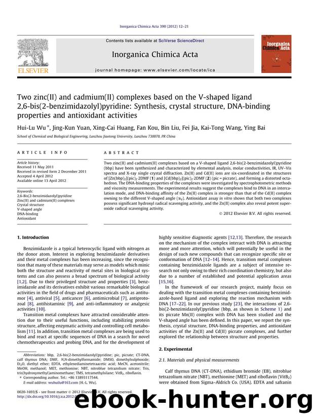 Two zinc(II) and cadmium(II) complexes based on the V-shaped ligand 2,6-bis(2-benzimidazolyl)pyridine: Synthesis, crystal structure, DNA-binding properties and antioxidant activities by Hui-Lu Wu & Jing-Kun Yuan & Xing-Cai Huang & Fan Kou & Bin Liu & Fei Jia & Kai-Tong Wang & Ying Bai