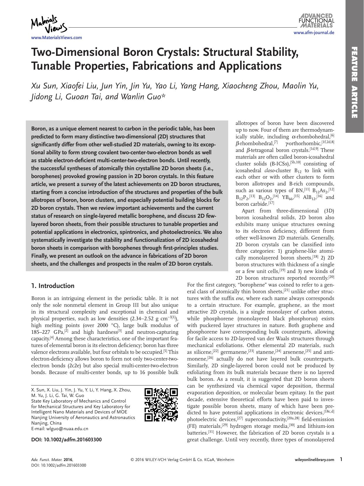 Two‐Dimensional Boron Crystals: Structural Stability, Tunable Properties, Fabrications and Applications by Unknown