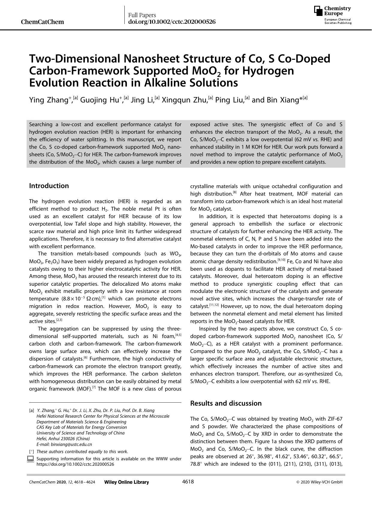 TwoâDimensional Nanosheet Structure of Co, S CoâDoped CarbonâFramework Supported MoO2 for Hydrogen Evolution Reaction in Alkaline Solutions by Unknown