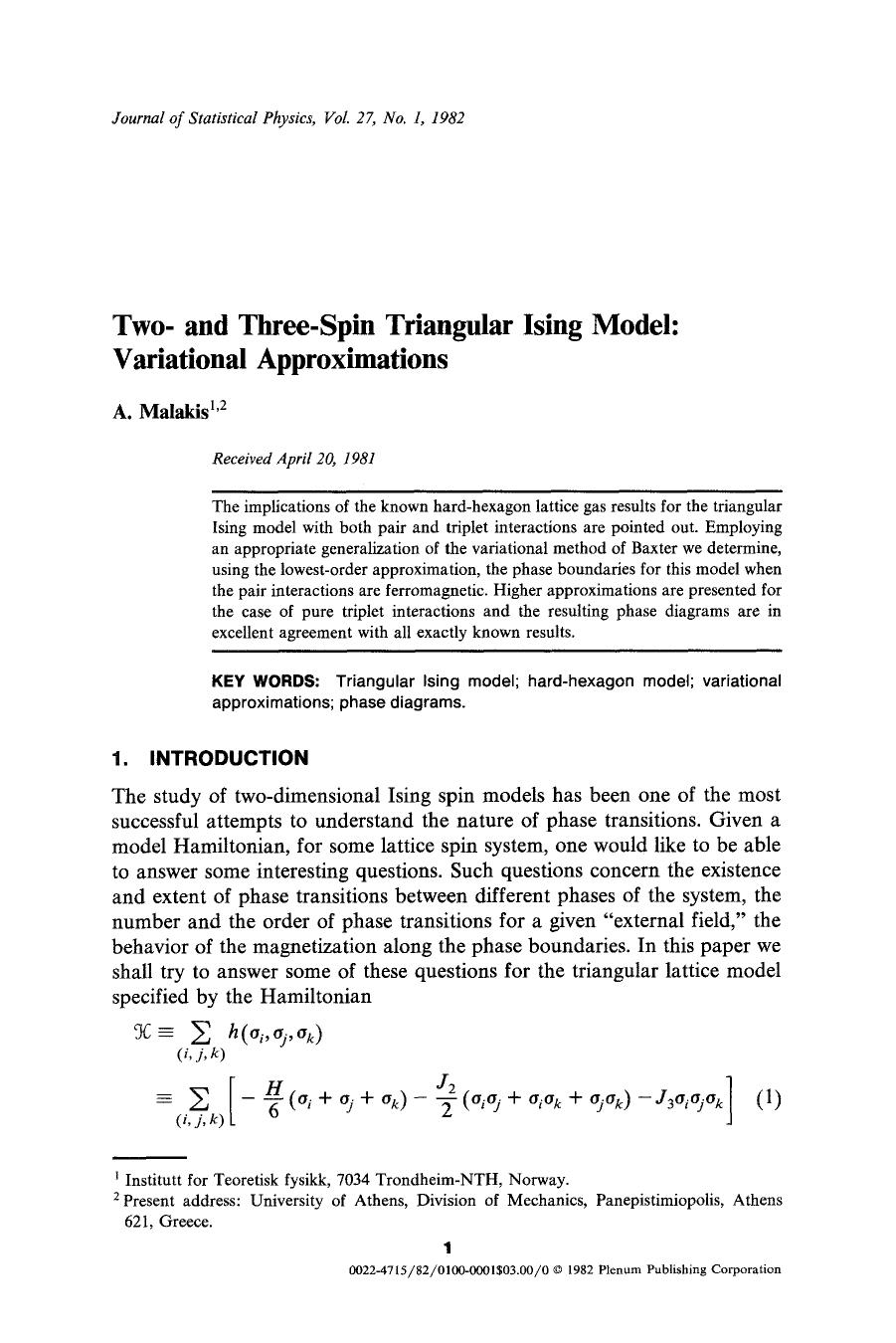 Two- and three-spin triangular ising model: Variational approximations by Unknown