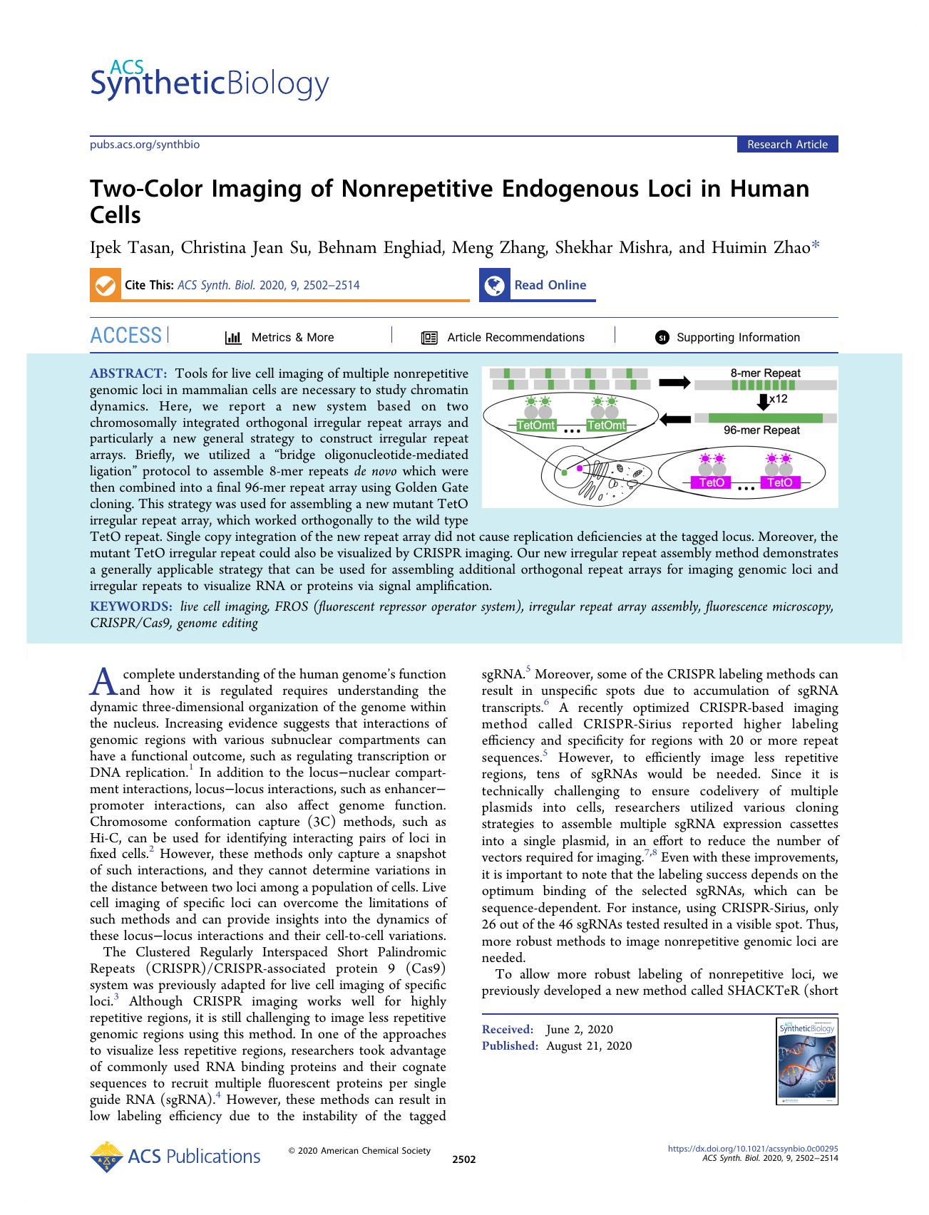 Two-Color Imaging of Nonrepetitive Endogenous Loci in Human Cells by Ipek Tasan Christina Jean Su Behnam Enghiad Meng Zhang Shekhar Mishra and Huimin Zhao