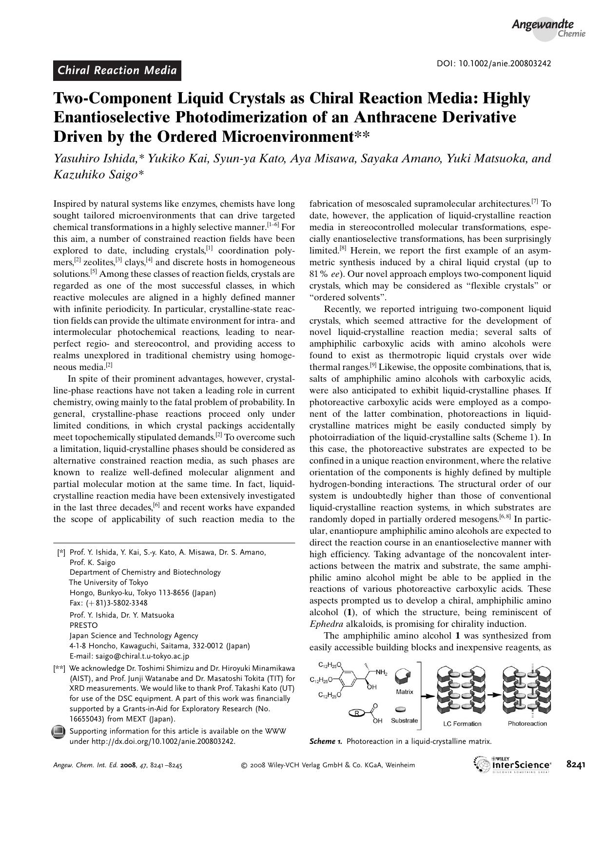 Two-Component Liquid Crystals as Chiral Reaction Media: Highly Enantioselective Photodimerization of an Anthracene Derivative Driven by the Ordered Microenvironment by Unknown