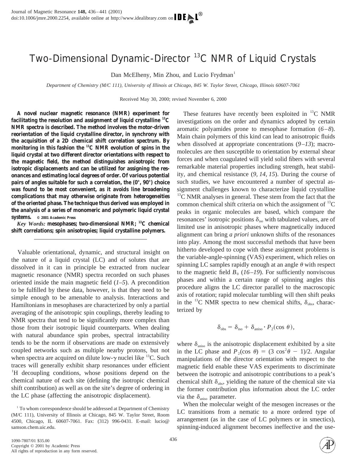 Two-Dimensional Dynamic-Director 13C NMR of Liquid Crystals by McElheny D. et al