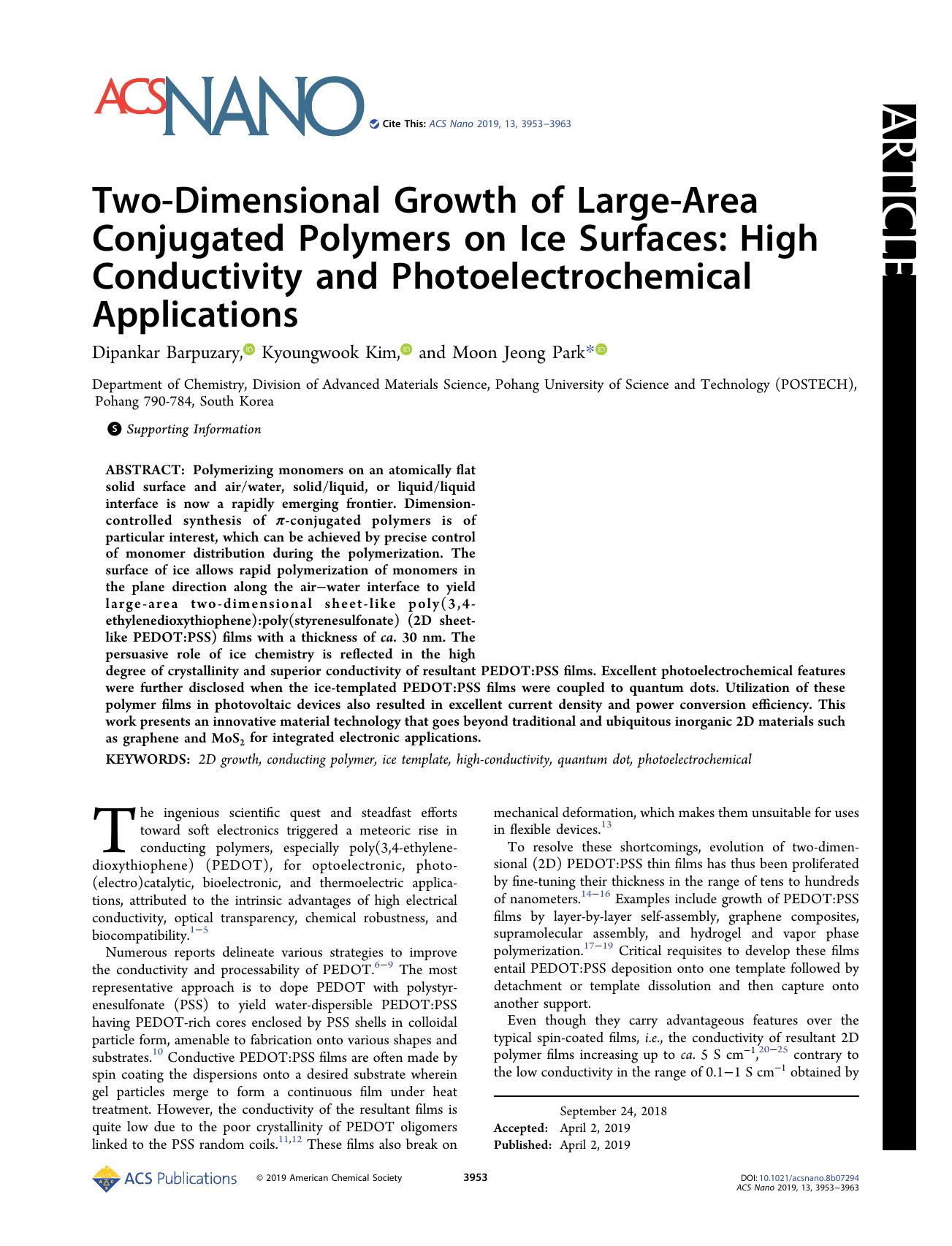 Two-Dimensional Growth of Large-Area Conjugated Polymers on Ice Surfaces: High Conductivity and Photoelectrochemical Applications by Dipankar Barpuzary Kyoungwook Kim and Moon Jeong Park