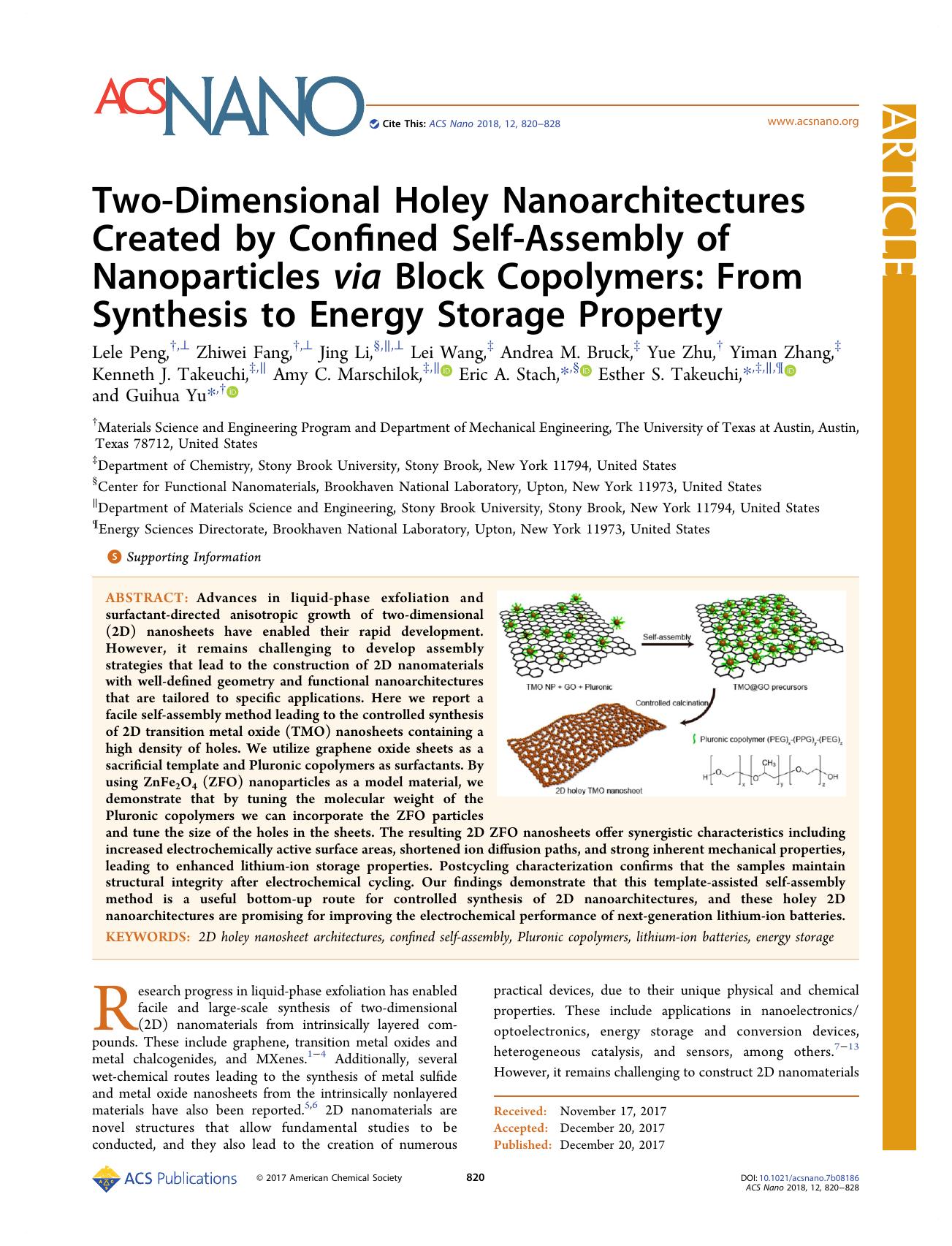 Two-Dimensional Holey Nanoarchitectures Created by Confined Self-Assembly of Nanoparticles via Block Copolymers: From Synthesis to Energy Storage Property by unknow