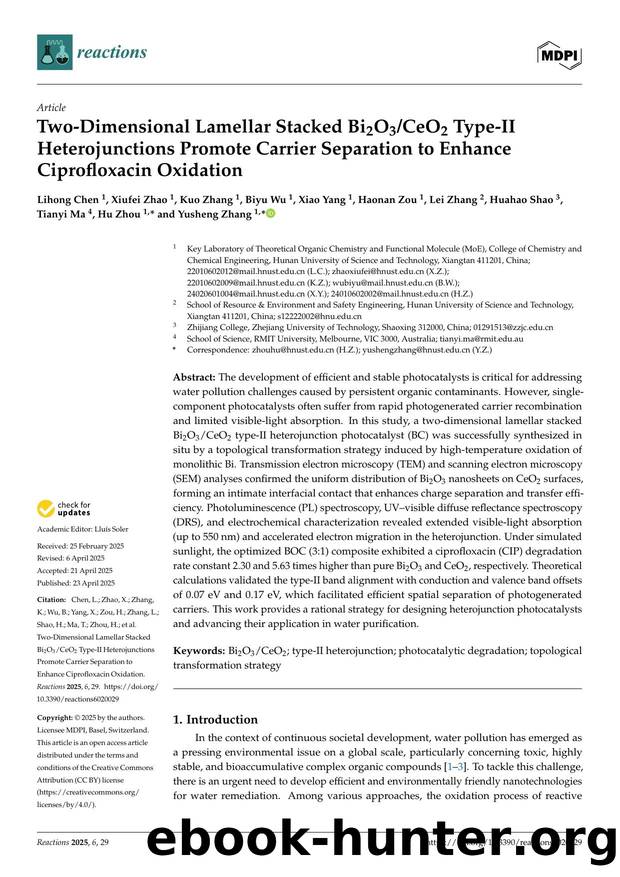 Two-Dimensional Lamellar Stacked Bi2O3CeO2 Type-II Heterojunctions Promote Carrier Separation to Enhance Ciprofloxacin Oxidation by unknow