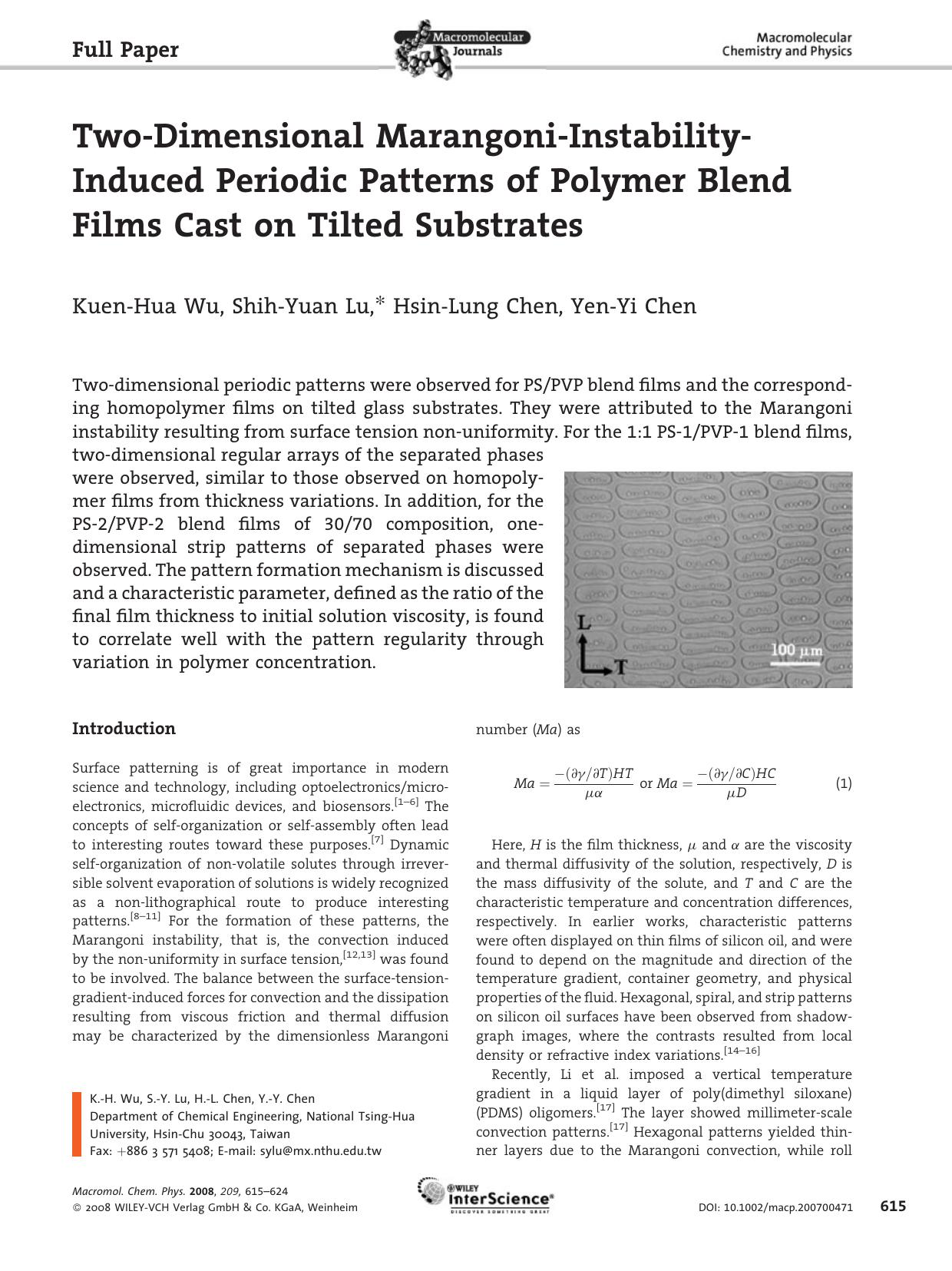 Two-Dimensional Marangoni-Instability-Induced Periodic Patterns of Polymer Blend Films Cast on Tilted Substrates by Unknown