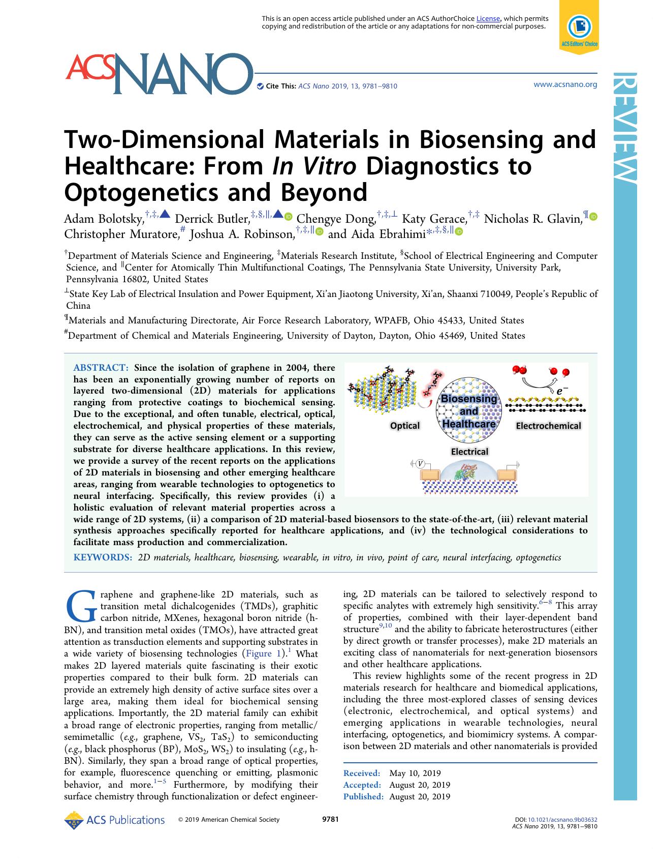 Two-Dimensional Materials in Biosensing and Healthcare: From In Vitro Diagnostics to Optogenetics and Beyond by unknow