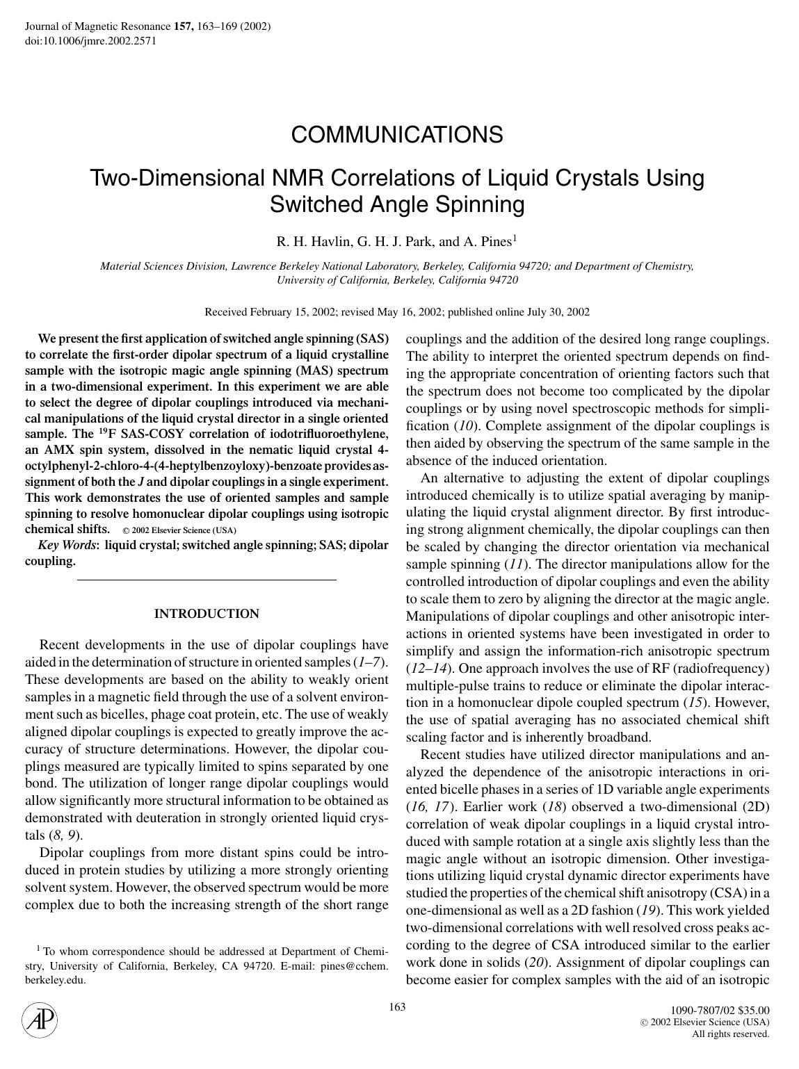 Two-Dimensional NMR Correlations of Liquid Crystals Using by Havlin R. H. et al