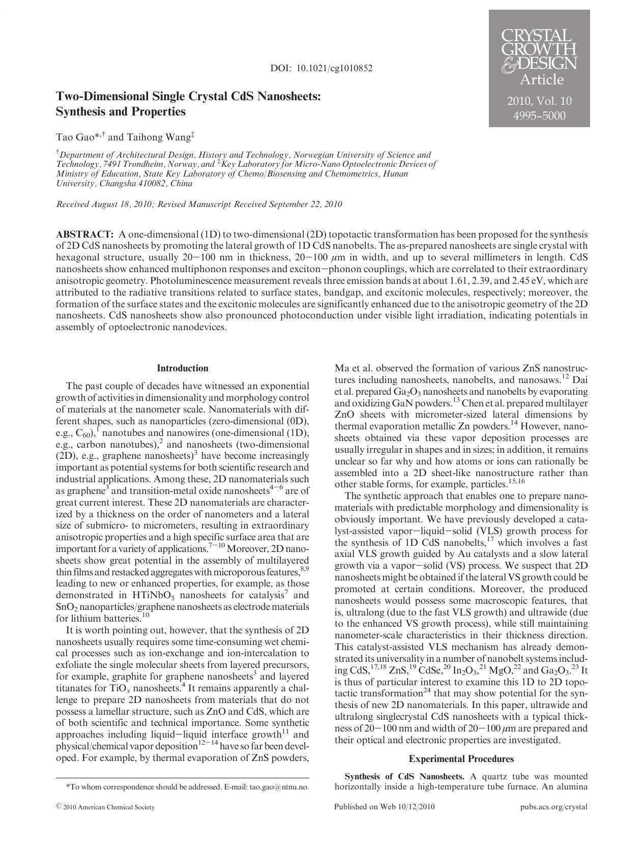 Two-Dimensional Single Crystal CdS Nanosheets: Synthesis and Properties by Unknown