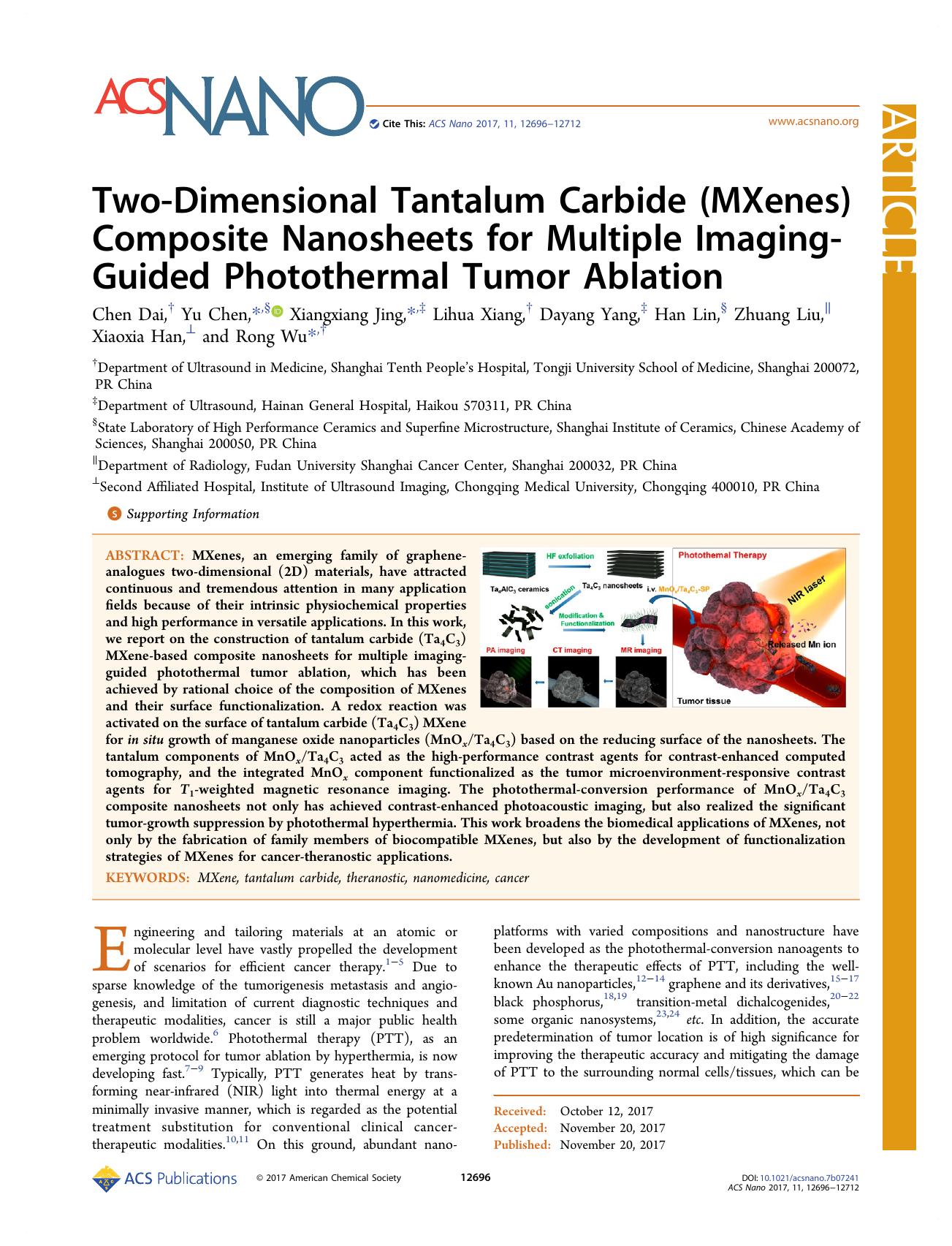 Two-Dimensional Tantalum Carbide (MXenes) Composite Nanosheets for Multiple Imaging-Guided Photothermal Tumor Ablation by unknow