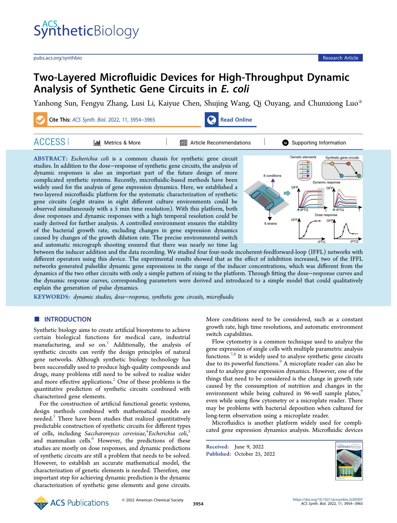 Two-Layered Microfluidic Devices for High-Throughput Dynamic Analysis of Synthetic Gene Circuits in E. coli by Yanhong Sun Fengyu Zhang Lusi Li Kaiyue Chen Shujing Wang Qi Ouyang and Chunxiong Luo