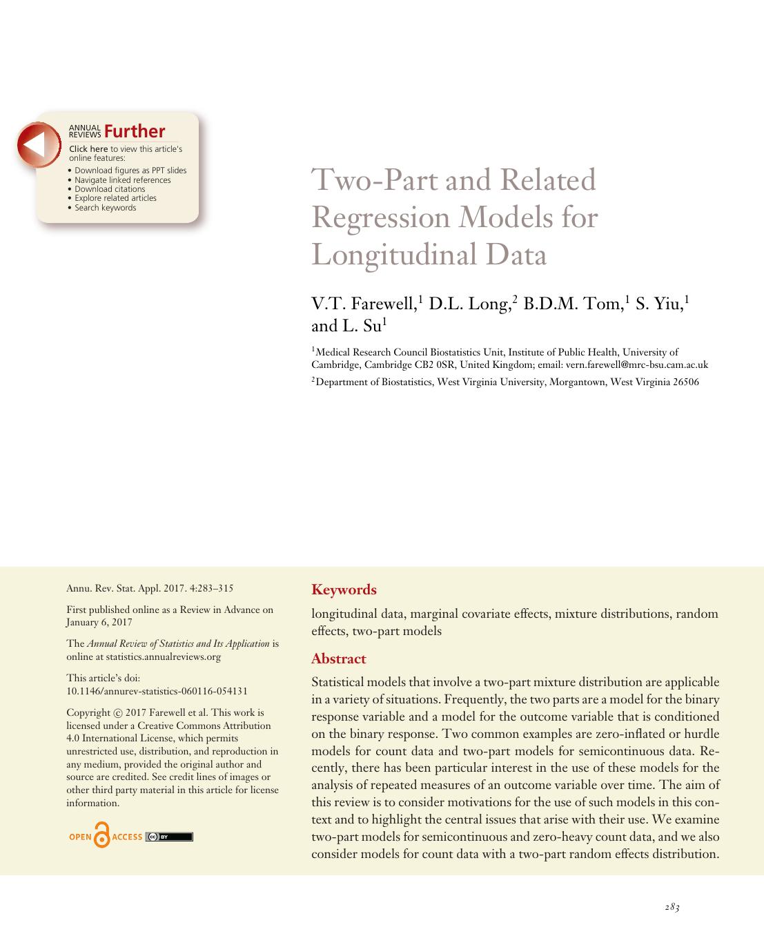 Two-Part and Related Regression Models for Longitudinal Data by V.T. Farewell D.L. Long B.D.M. Tom S. Yiu L. Su