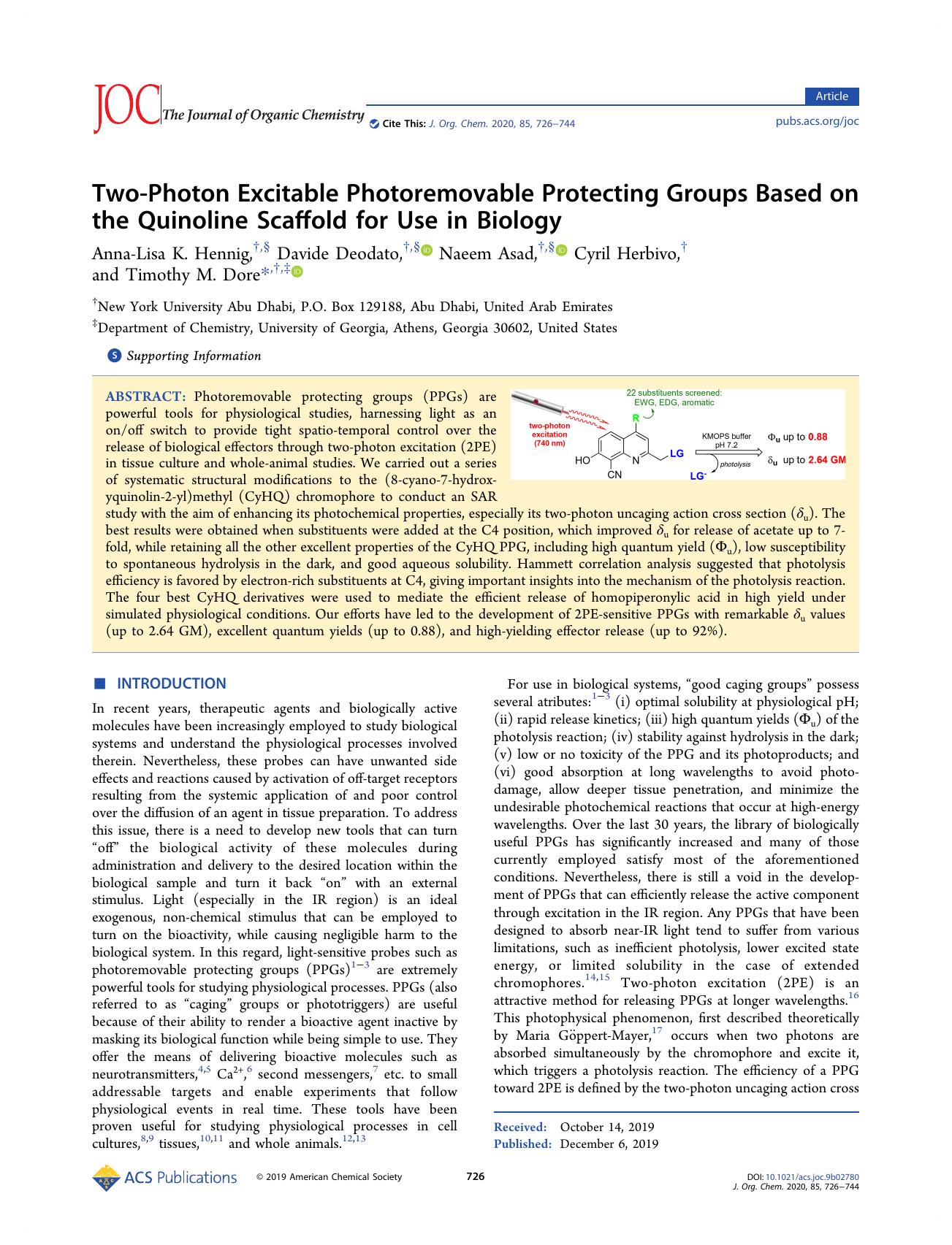 Two-Photon Excitable Photoremovable Protecting Groups Based on the Quinoline Scaffold for Use in Biology by unknow