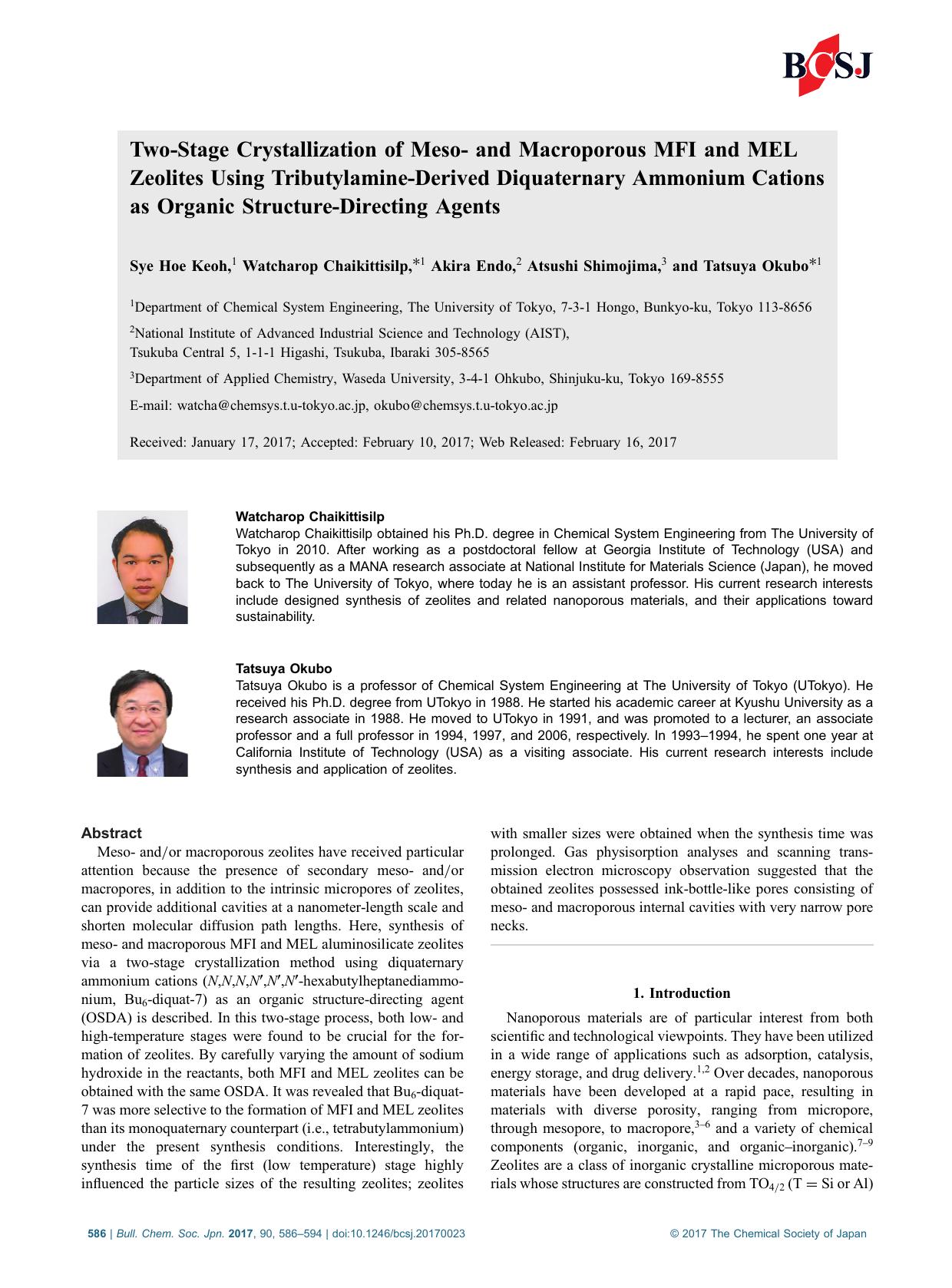Two-Stage Crystallization of Meso- and Macroporous MFI and MEL Zeolites Using Tributylamine-Derived Diquaternary Ammonium Cations as Organic Structure-Directing Agents by Unknown