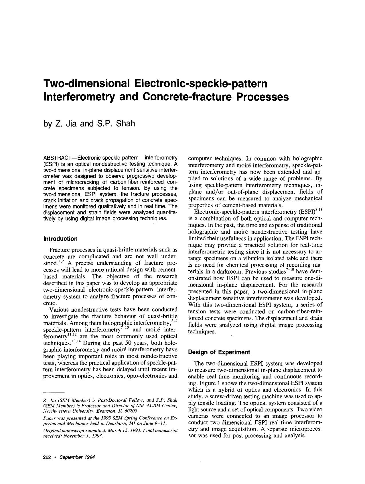 Two-dimensional electronic-speckle-pattern interferometry and concrete-fracture processes by Unknown