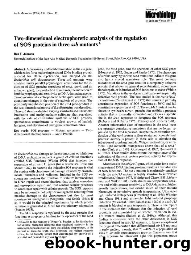 Two-dimensional electrophoretic analysis of the regulation of SOS proteins in three <Emphasis Type="Italic">ssb<Emphasis> mutants by Unknown