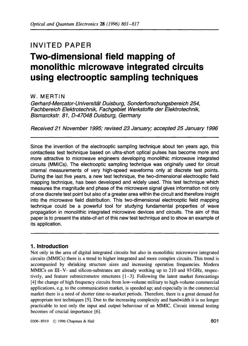 Two-dimensional field mapping of monolithic microwave integrated circuits using electrooptic sampling techniques by Unknown