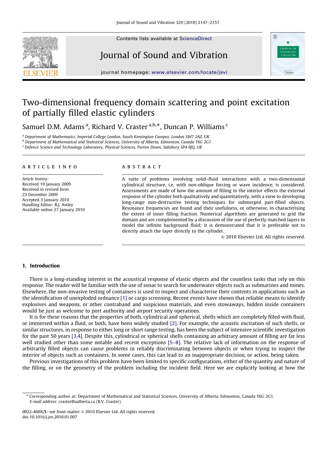 Two-dimensional frequency domain scattering and point excitation of partially filled elastic cylinders by Samuel D.M. Adams; Richard V. Craster; Duncan P. Williams