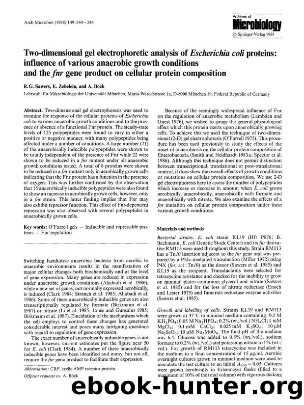 Two-dimensional gel electrophoretic analysis of <Emphasis Type="Italic">Escherichia coli<Emphasis> proteins: influence of various anaerobic growth conditions and the <Emphasis Type by Unknown