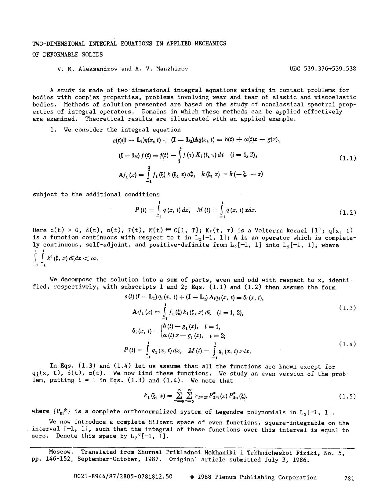 Two-dimensional integral equations in applied mechanics of deformable solids by Unknown