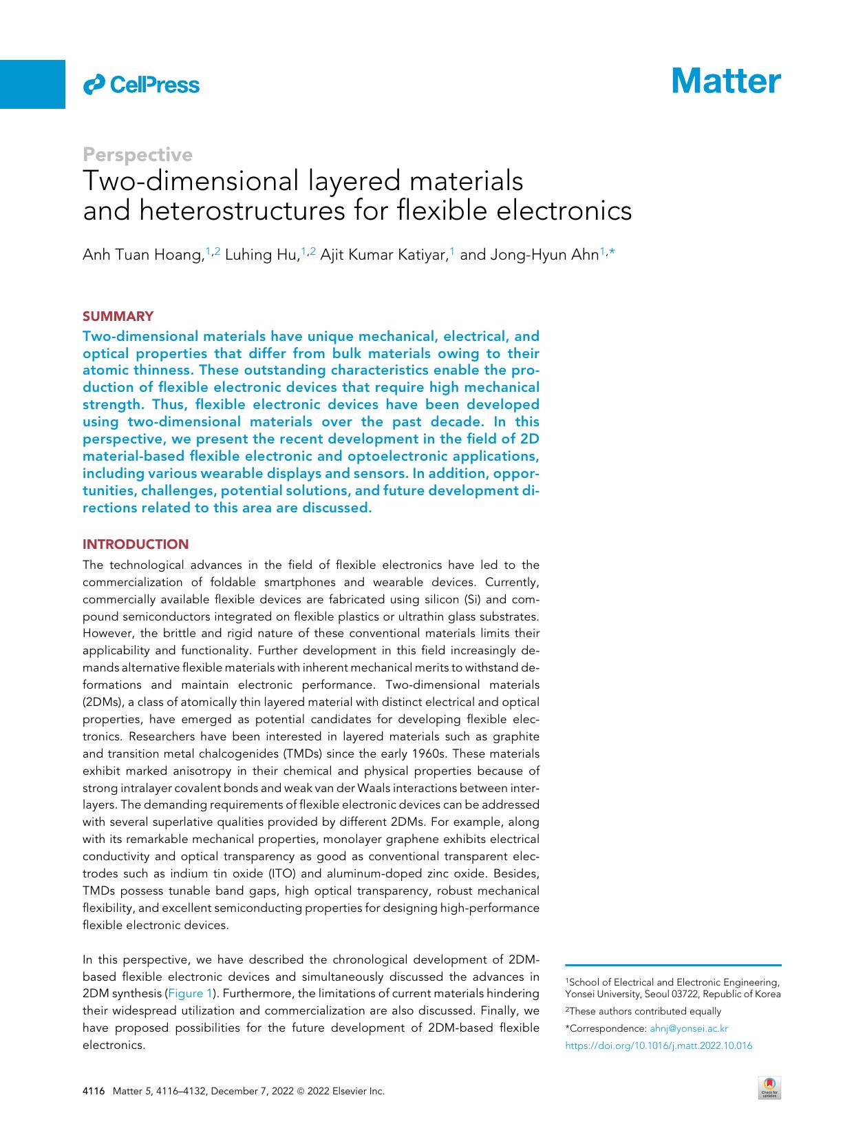 Two-dimensional layered materials and heterostructures for flexible electronics by Anh Tuan Hoang & Luhing Hu & Ajit Kumar Katiyar & Jong-Hyun Ahn