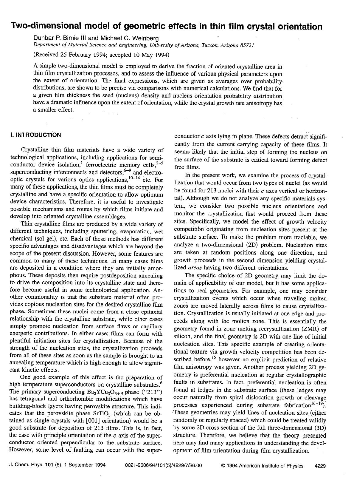 Two-dimensional model of geometric effects in thin film crystal orientation by Dunbar P. Birnie; Michael C. Weinberg