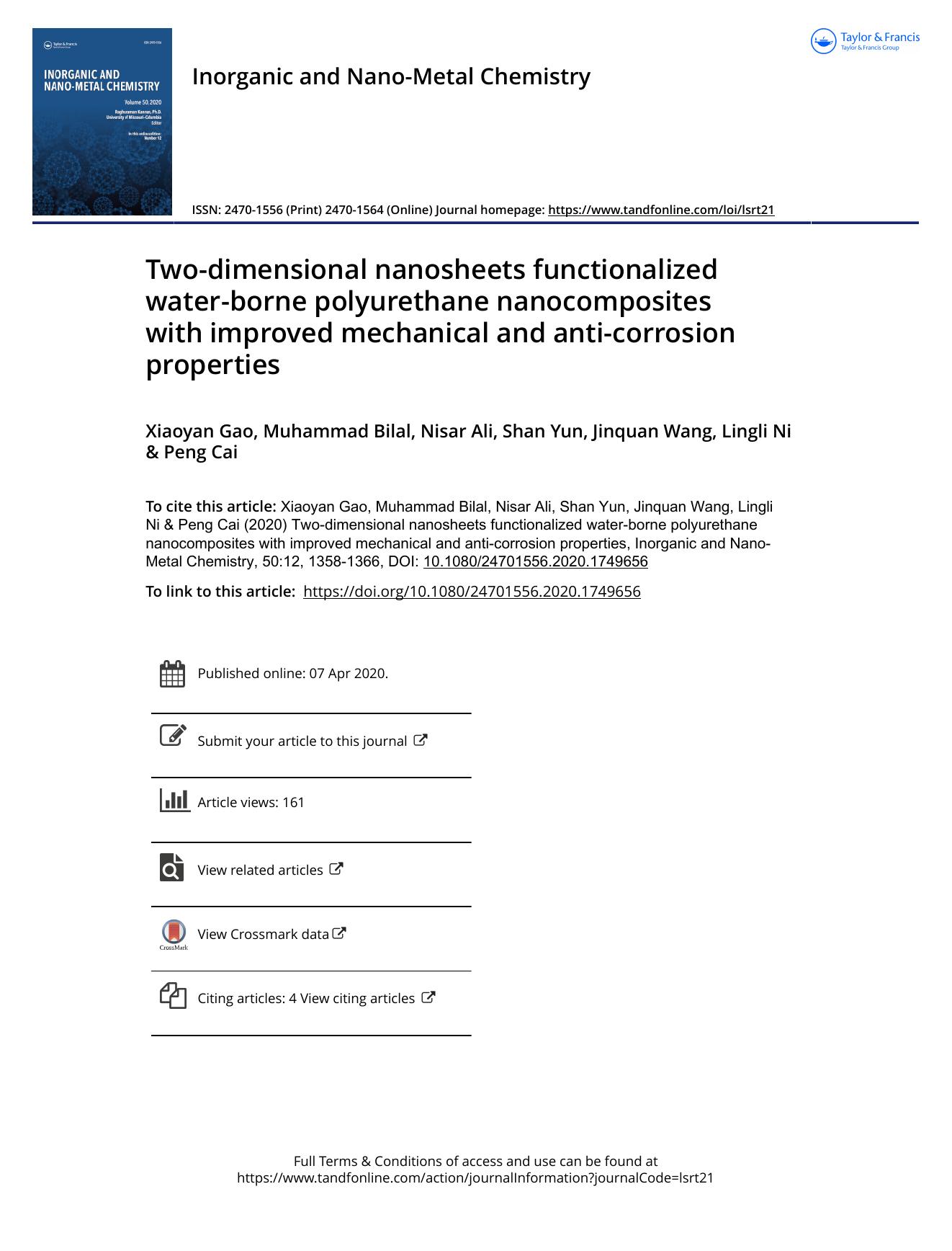 Two-dimensional nanosheets functionalized water-borne polyurethane nanocomposites with improved mechanical and anti-corrosion properties by Gao Xiaoyan & Bilal Muhammad & Ali Nisar & Yun Shan & Wang Jinquan & Ni Lingli & Cai Peng