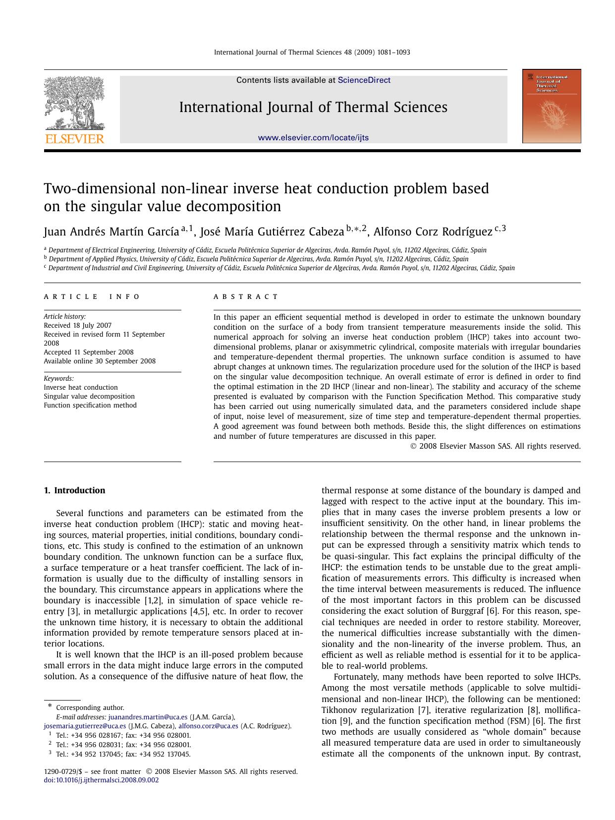 Two-dimensional non-linear inverse heat conduction problem based on the singular value decomposition by Juan Andrés Martı´n Garcı´a; José Marı´a Gutiérrez Cabeza; Alfonso Corz Rodrı´guez