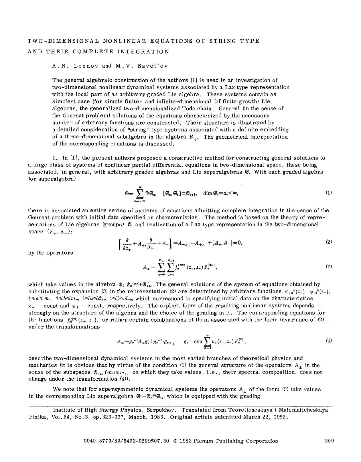 Two-dimensional nonlinear equations of string type and their complete integration by Unknown
