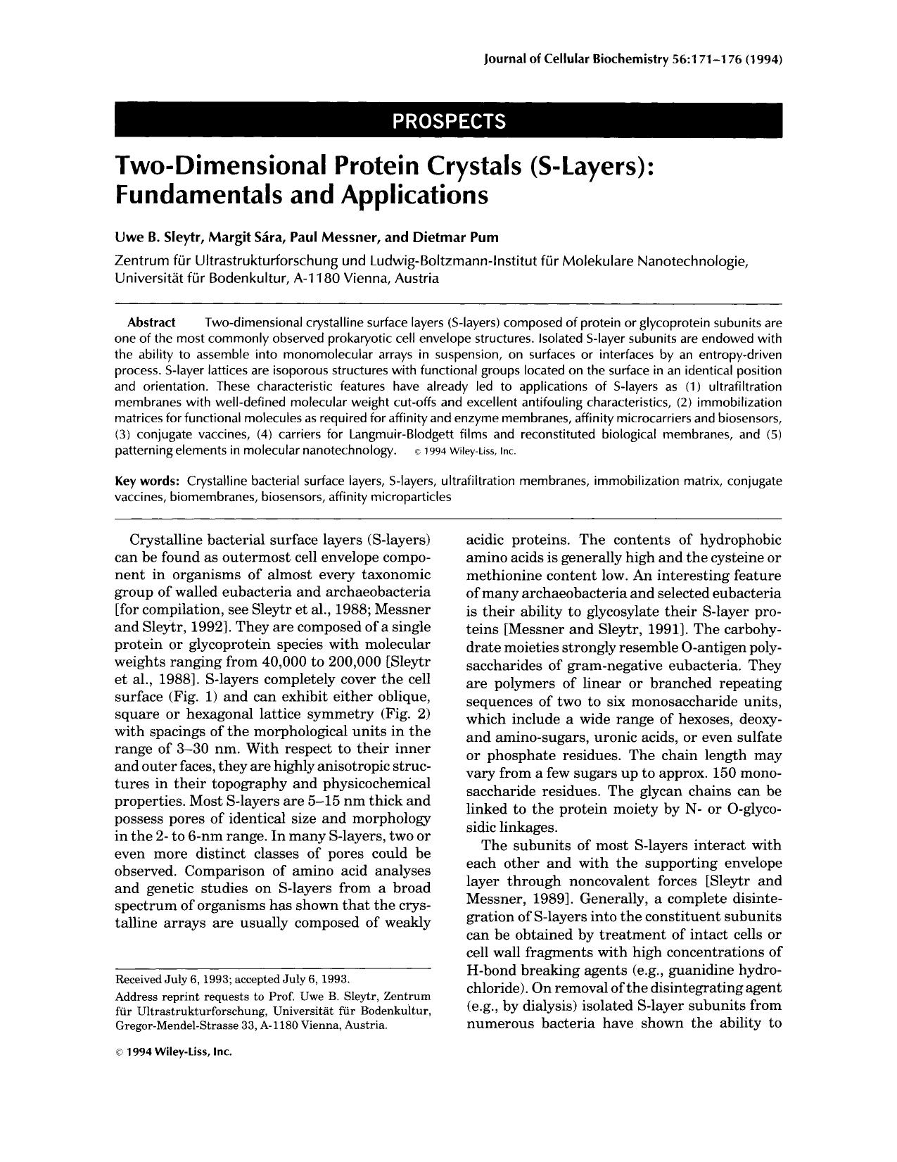 Two-dimensional protein crystals (S-layers): Fundamentals and applications by Unknown