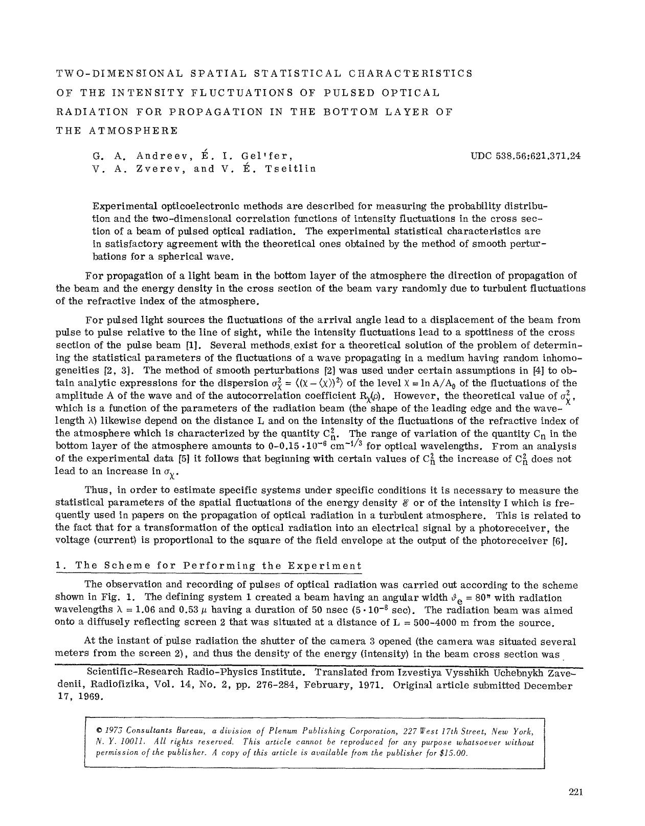 Two-dimensional spatial statistical characteristics of the intensity fluctuations of pulsed optical radiation for propagation in the bottom layer of the atmosphere by Unknown