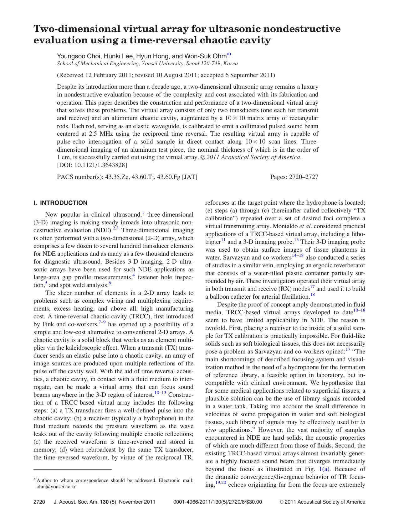 Two-dimensional virtual array for ultrasonic nondestructive evaluation using a time-reversal chaotic cavity by Youngsoo Choi Hunki Lee Hyun Hong and Won-Suk Ohm