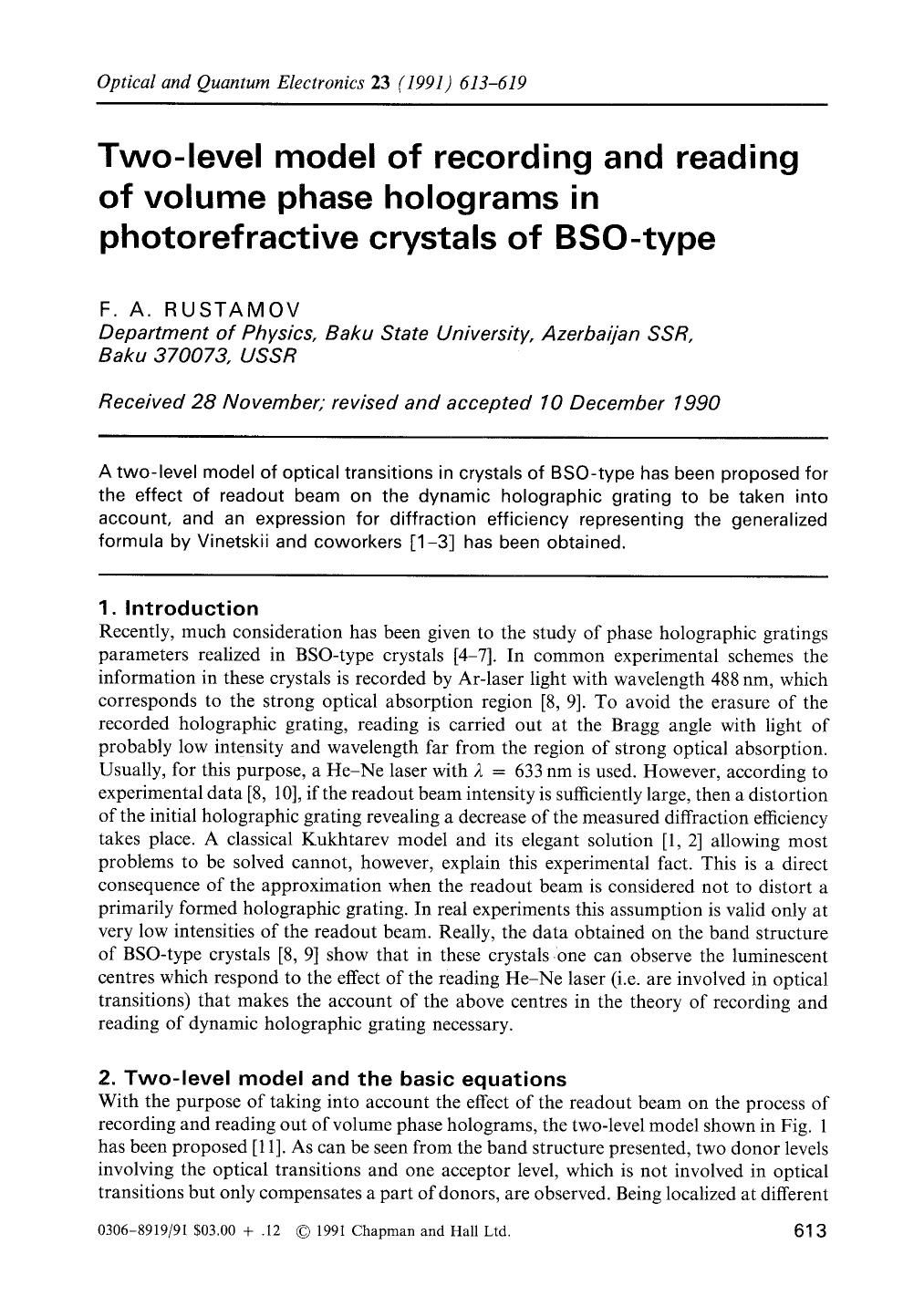 Two-level model of recording and reading of volume phase holograms in photorefractive crystals of BSO-type by Unknown