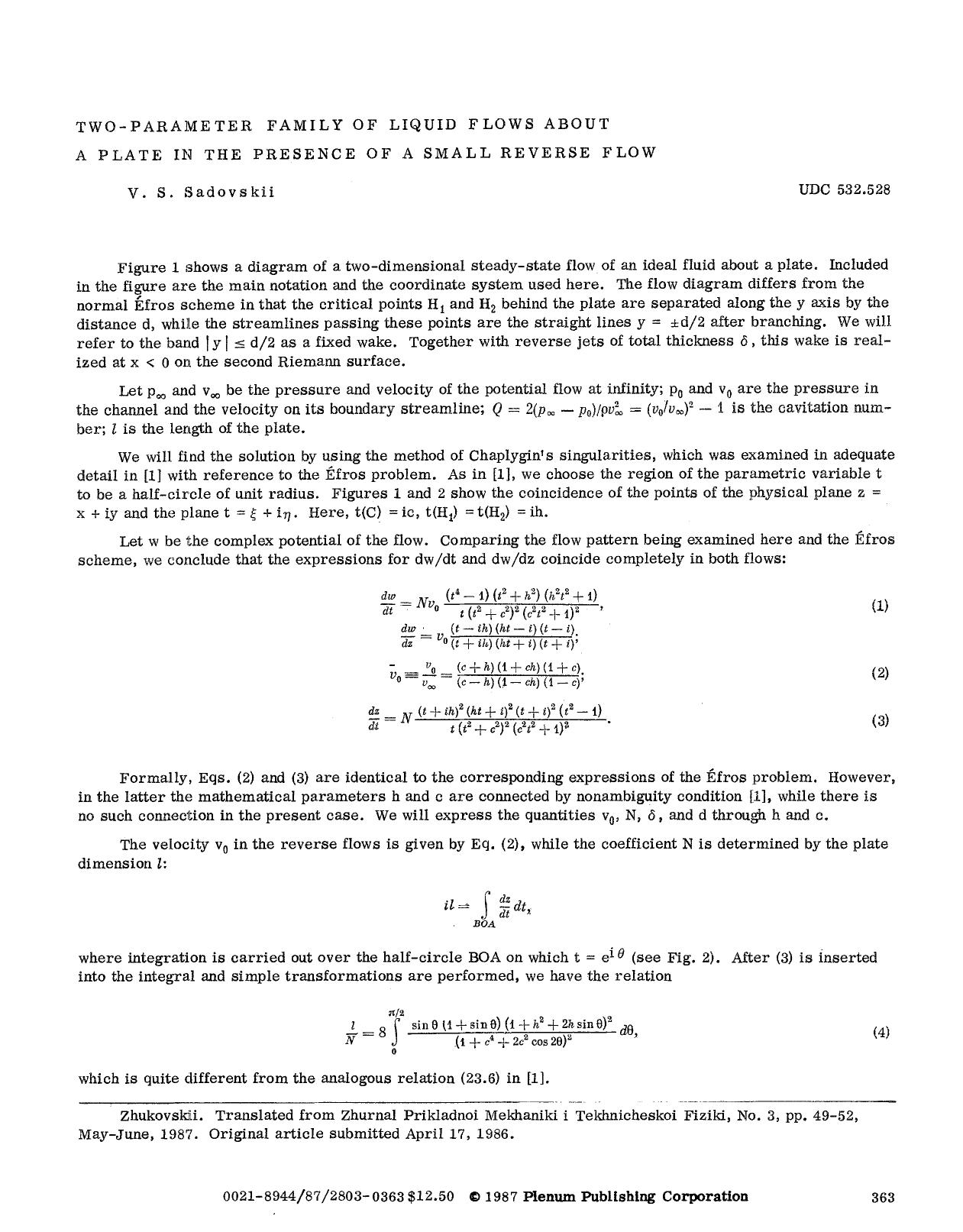 Two-parameter family of liquid flows about a plate in the presence of a small reverse flow by Unknown