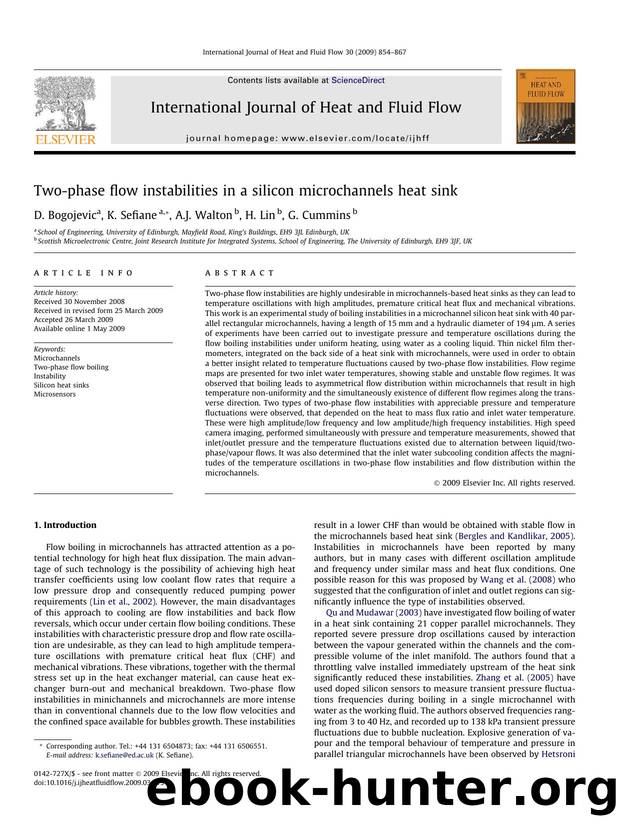 Two-phase flow instabilities in a silicon microchannels heat sink by D. Bogojevic; K. Sefiane; A.J. Walton; H. Lin; G. Cummins